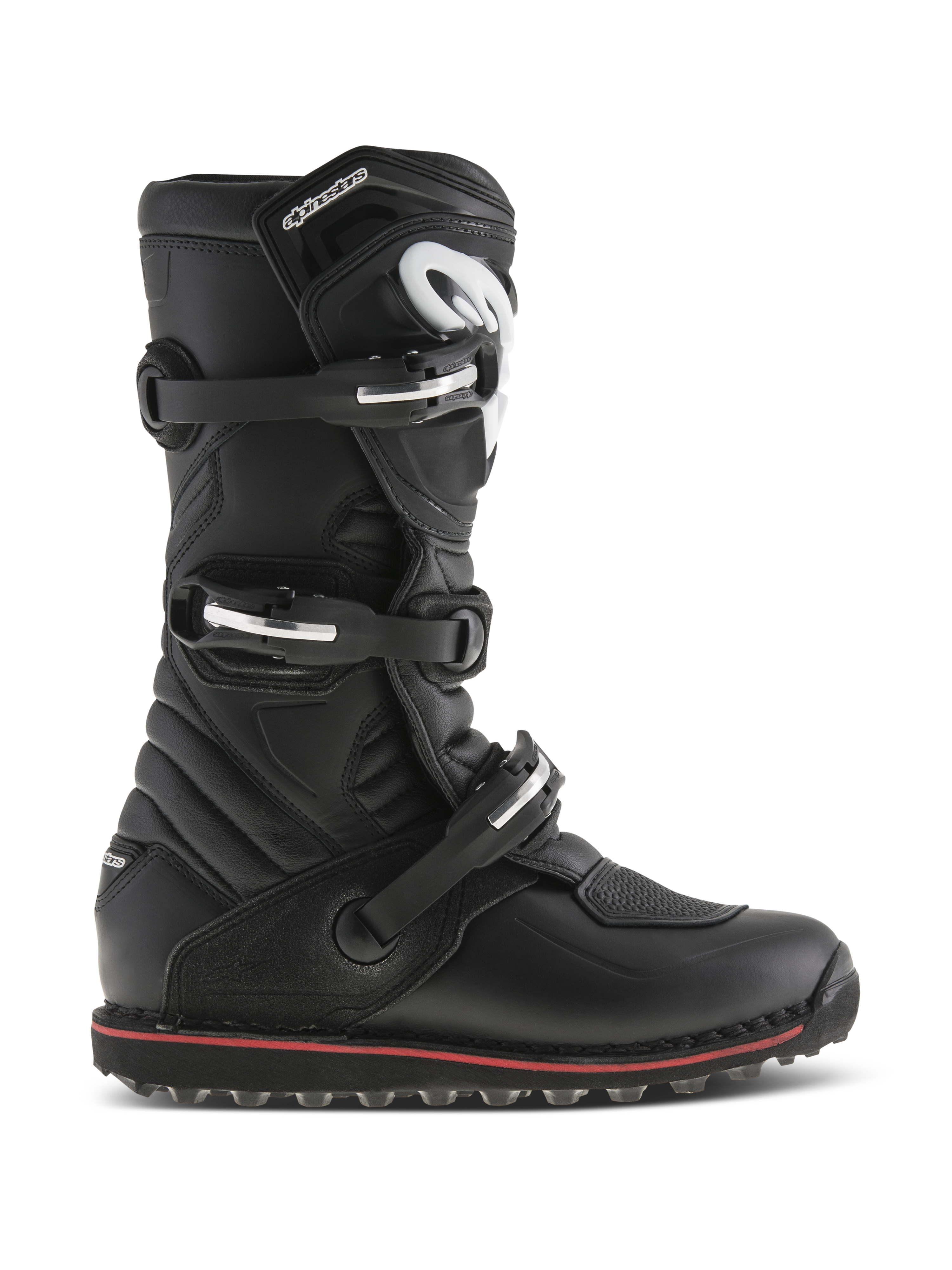 Alpinestars Tech-T Boots, Trials and Off-Road Motorcycle Boots, Black with Red Accent, side profile view featuring three adjustable buckles, white logo on ergonomic shinplate, textured leather panels, and rugged high-grip sole for bike control