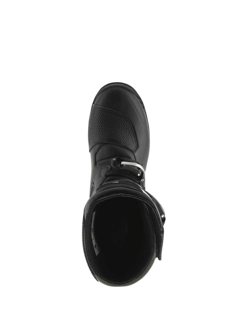 Alpinestars Tech-T Boots, Trials Motorcycle Boots, Black, top-down view showing the interior opening, textured shift pad on the toe, and buckle closure