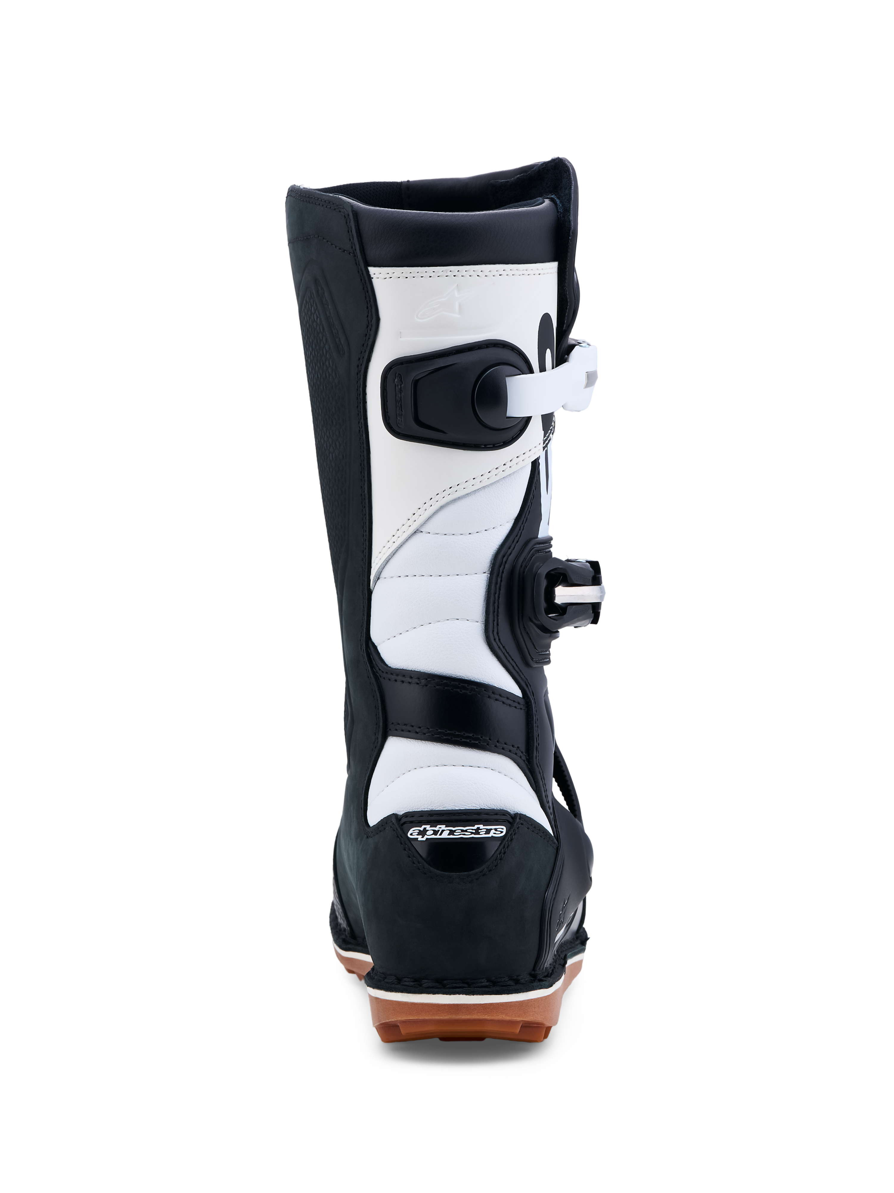 Alpinestars Tech-T Boots, Trials Riding Boots, Black and White, CE Certified leather construction with gum sole, back view.