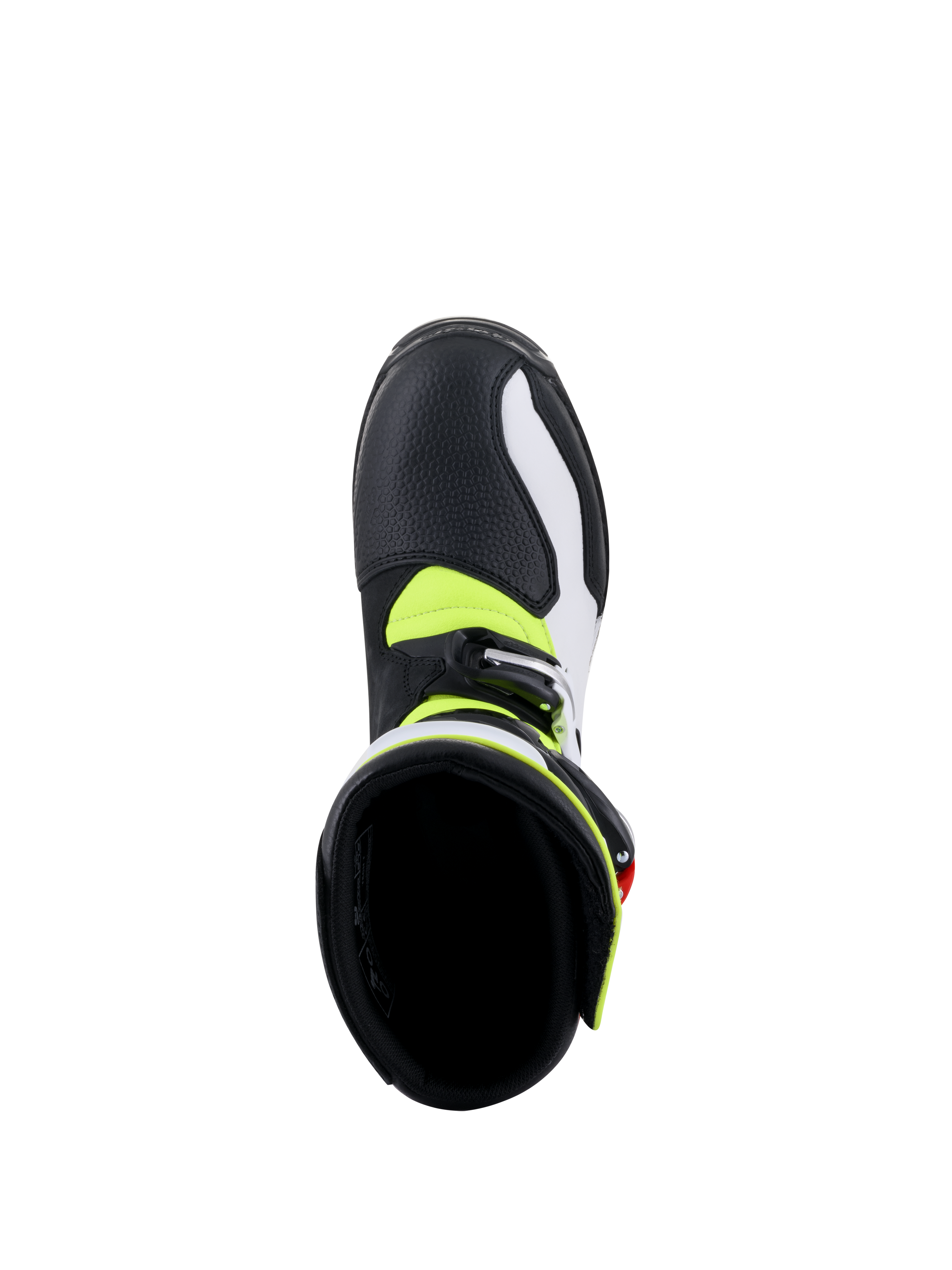 Alpinestars Tech-T Boots, Trials Motorcycle Boots, White, Red, Yellow Fluorescent and Black, top-down view looking into the boot interior, showing the cushioned black lining, neon yellow accents, and silver buckle closure