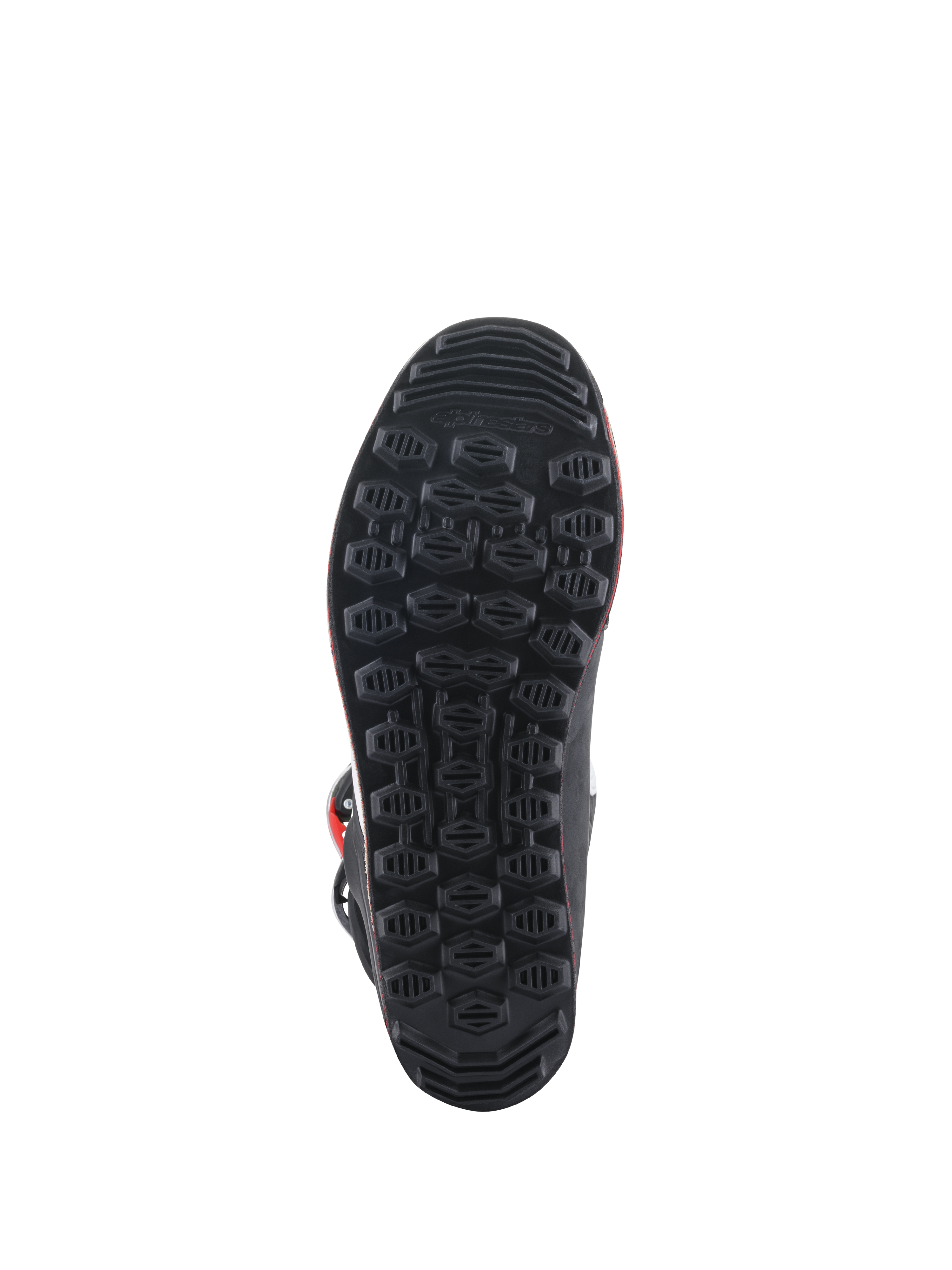 Alpinestars Tech-T Boots, sole view, black rubber outsole with textured hexagonal grip pattern, engineered for trials riding sensitivity and footpeg control.