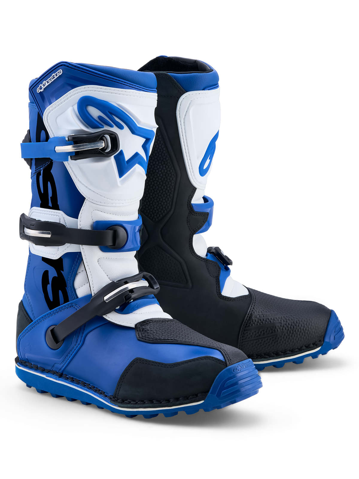 Alpinestars Tech-T, męskie buty motocyklowe trialowe, ciemnoniebieskie, czarne i białe, skórzana cholewka i ochrona TPU.