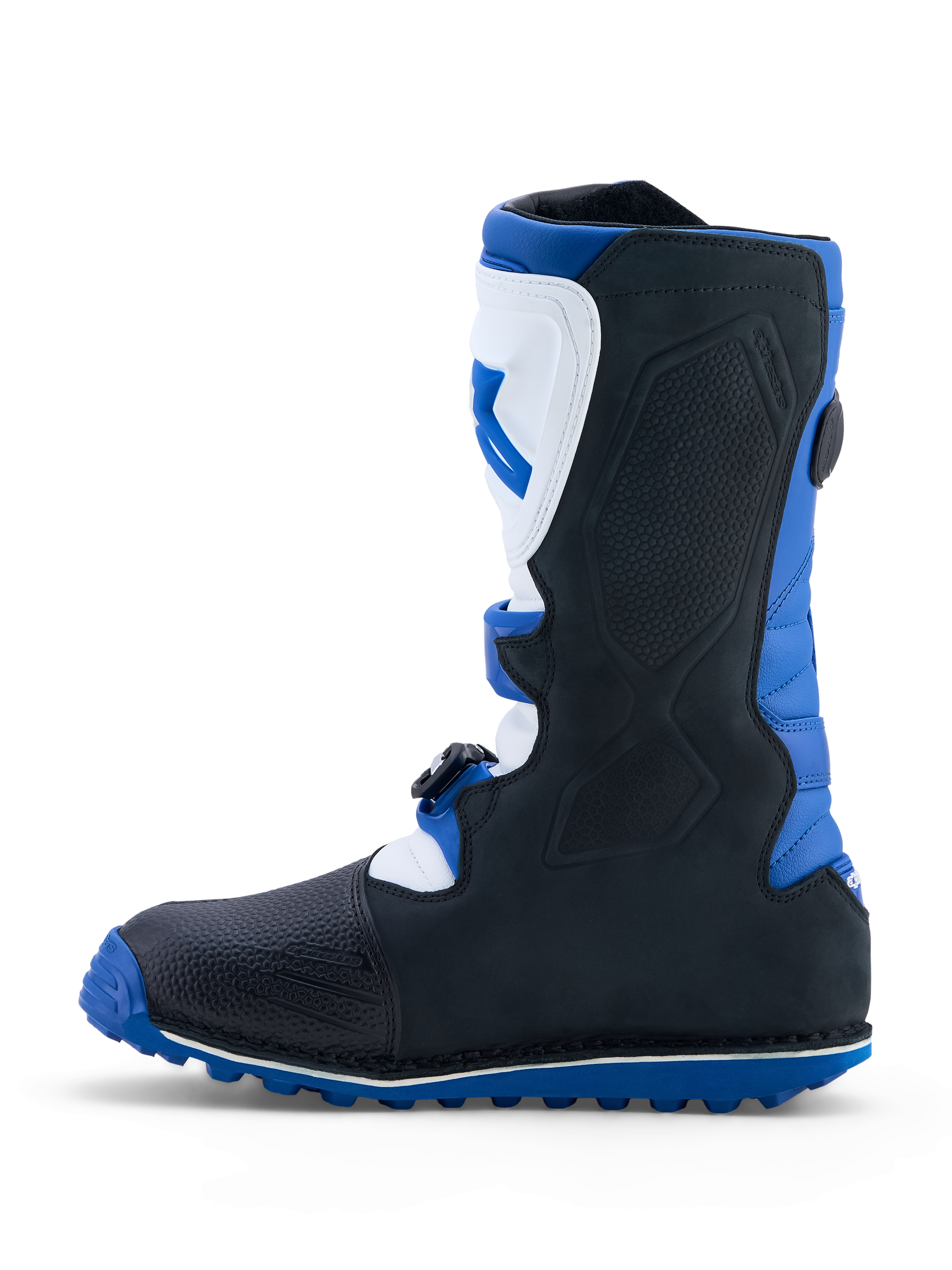 Alpinestars Tech-T Boots, Men's Dark Blue, Black and White trials motorcycle boots with TPU shin plates and high-grip soles.