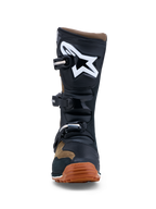 Alpinestars Tech-T Men's Trials Boots feature brown and black leather, white logo, TPU shin plate, and gum rubber sole.