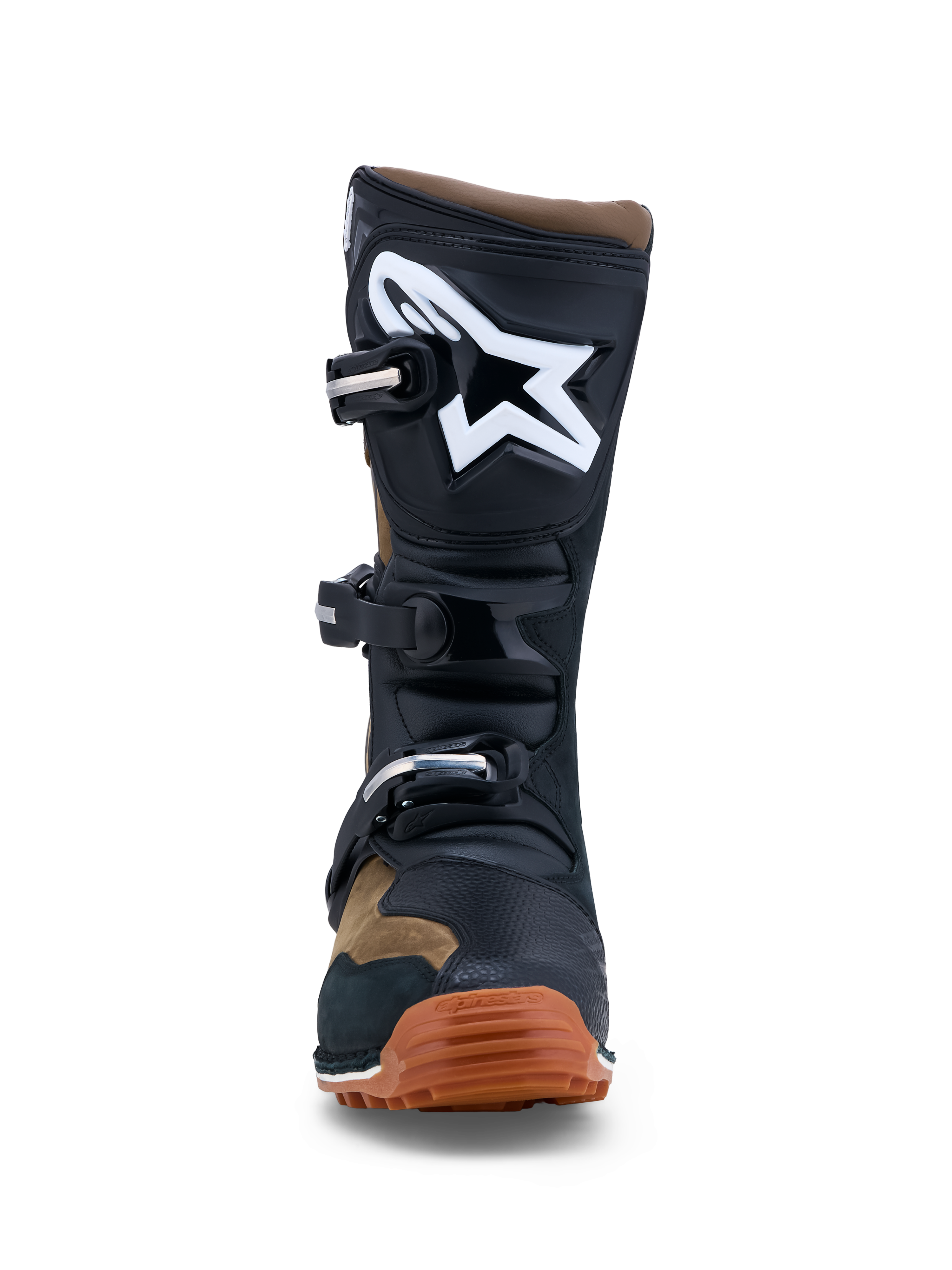 Alpinestars Tech-T Men's Trials Boots feature brown and black leather, white logo, TPU shin plate, and gum rubber sole.