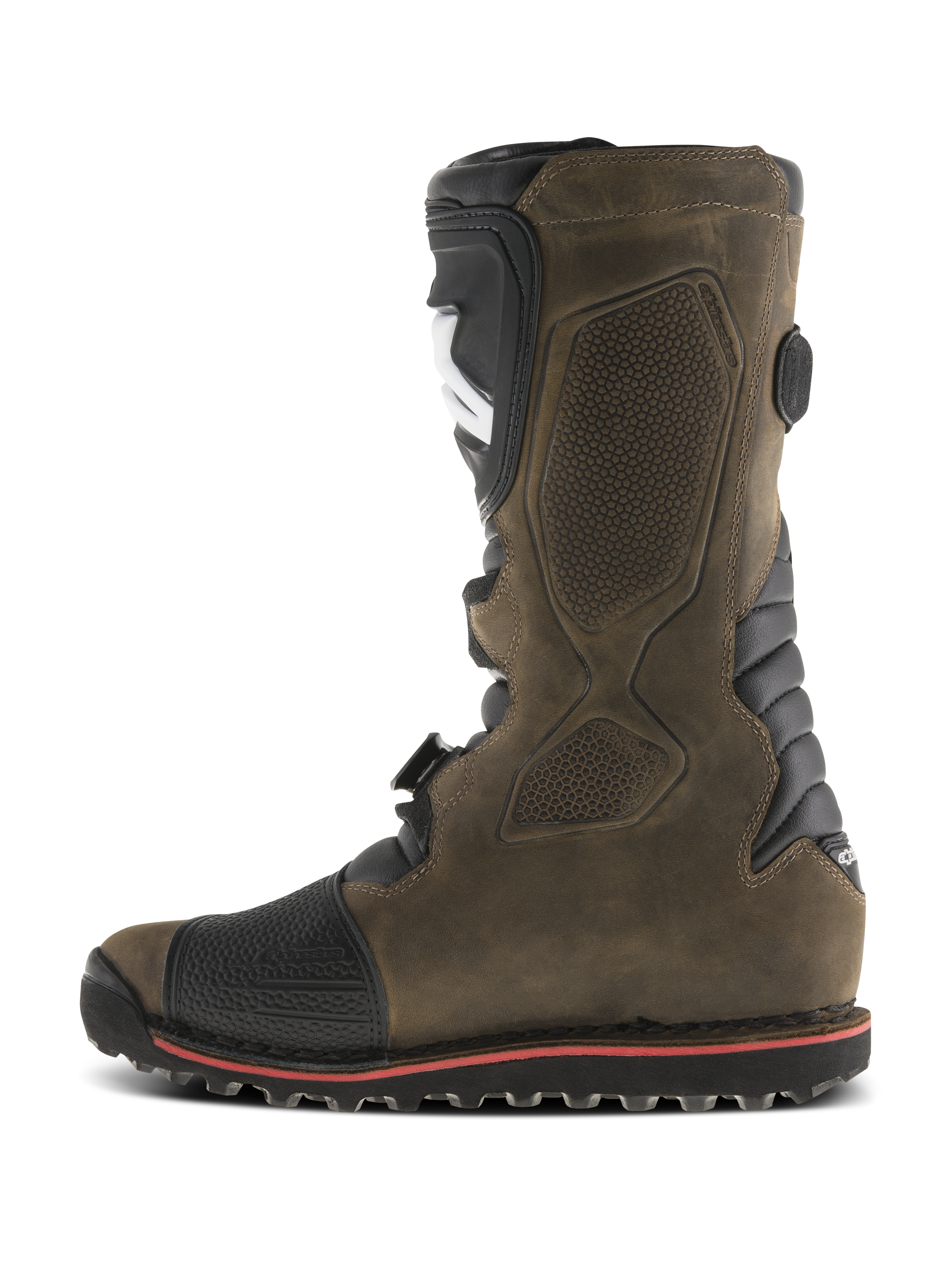 Alpinestars Tech-T Boots, Trials Motorcycle Boots, Brown Oiled, side profile view featuring black ergonomic shin plate, textured leather upper, reinforced toe, and durable sole with red accent line