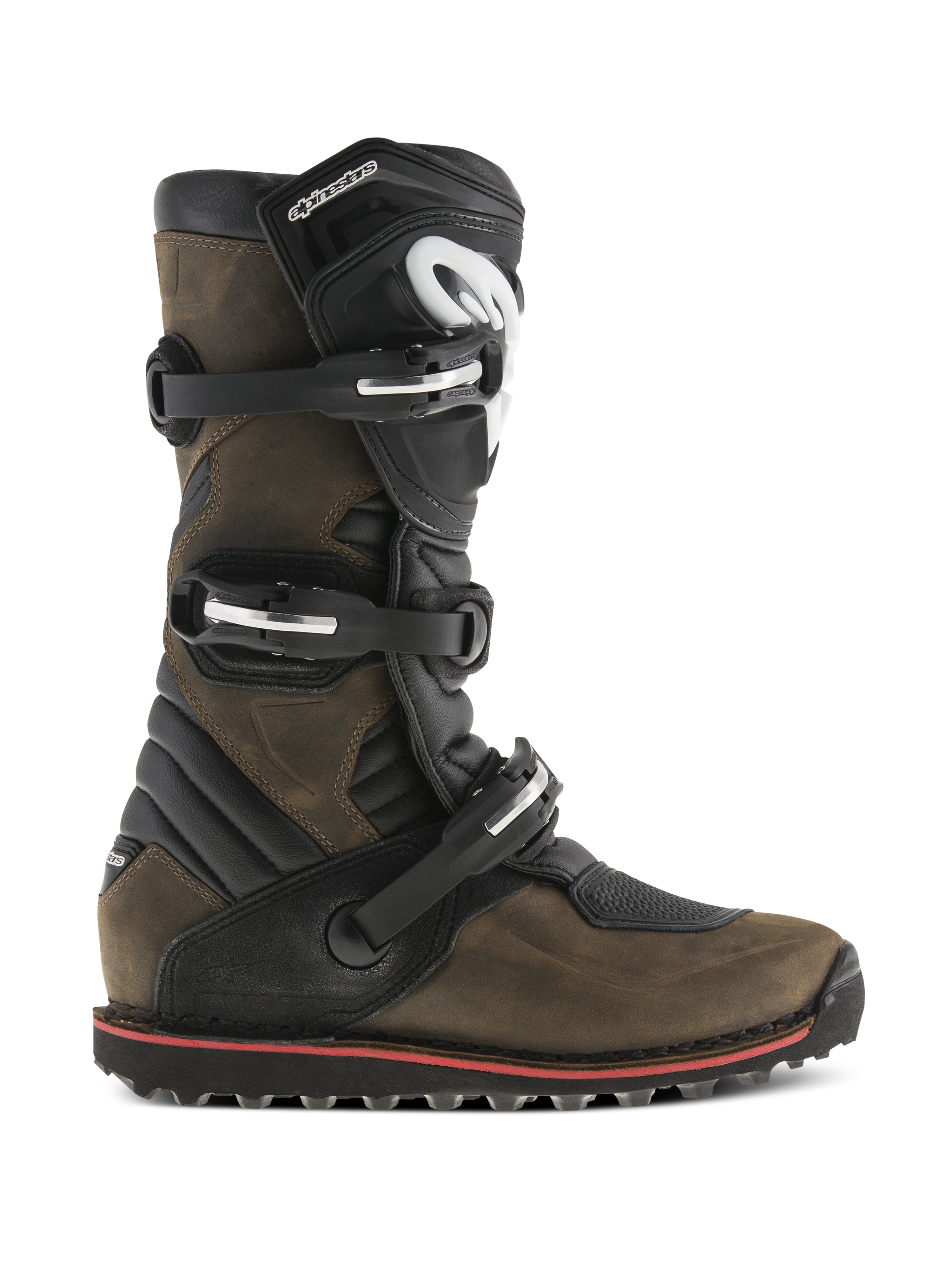 Alpinestars Tech-T Boots, Motorcycle Trials Boots, Brown Oiled and Black, side profile view featuring a triple-buckle closure system, ergonomic shin plate with white logo, rugged textured sole with a red accent stripe, designed for off-road trials riding