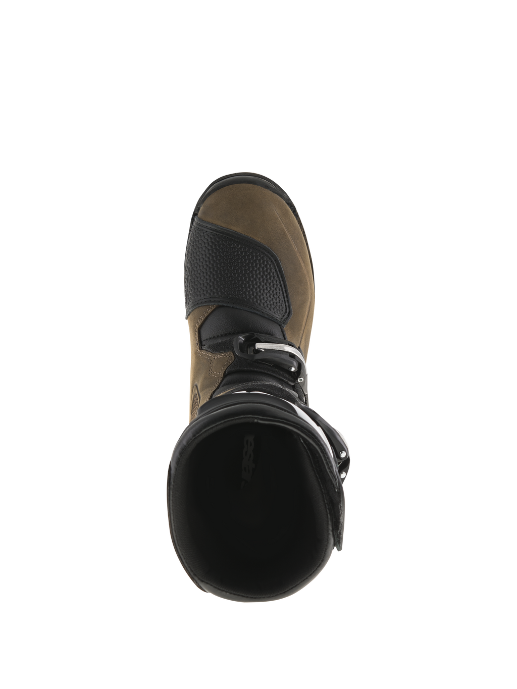 Alpinestars Tech-T Boots, Trials Motocross Boots, Brown Oiled and Black, top-down view showing the boot opening and toe box, textured protective panels, rugged leather construction for trials riding