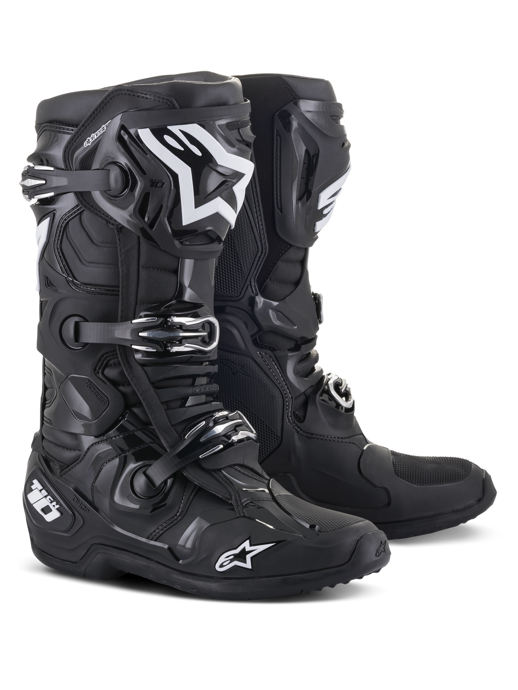 Alpinestars Tech 10 Boots, buty motocrossowe, czarne z białymi logo Alpinestars, potrójny system zamykania na klamry, wytrzymała skorupa TPU ze wzmocnioną ochroną kostki, smukły design do profesjonalnych wyścigów terenowych