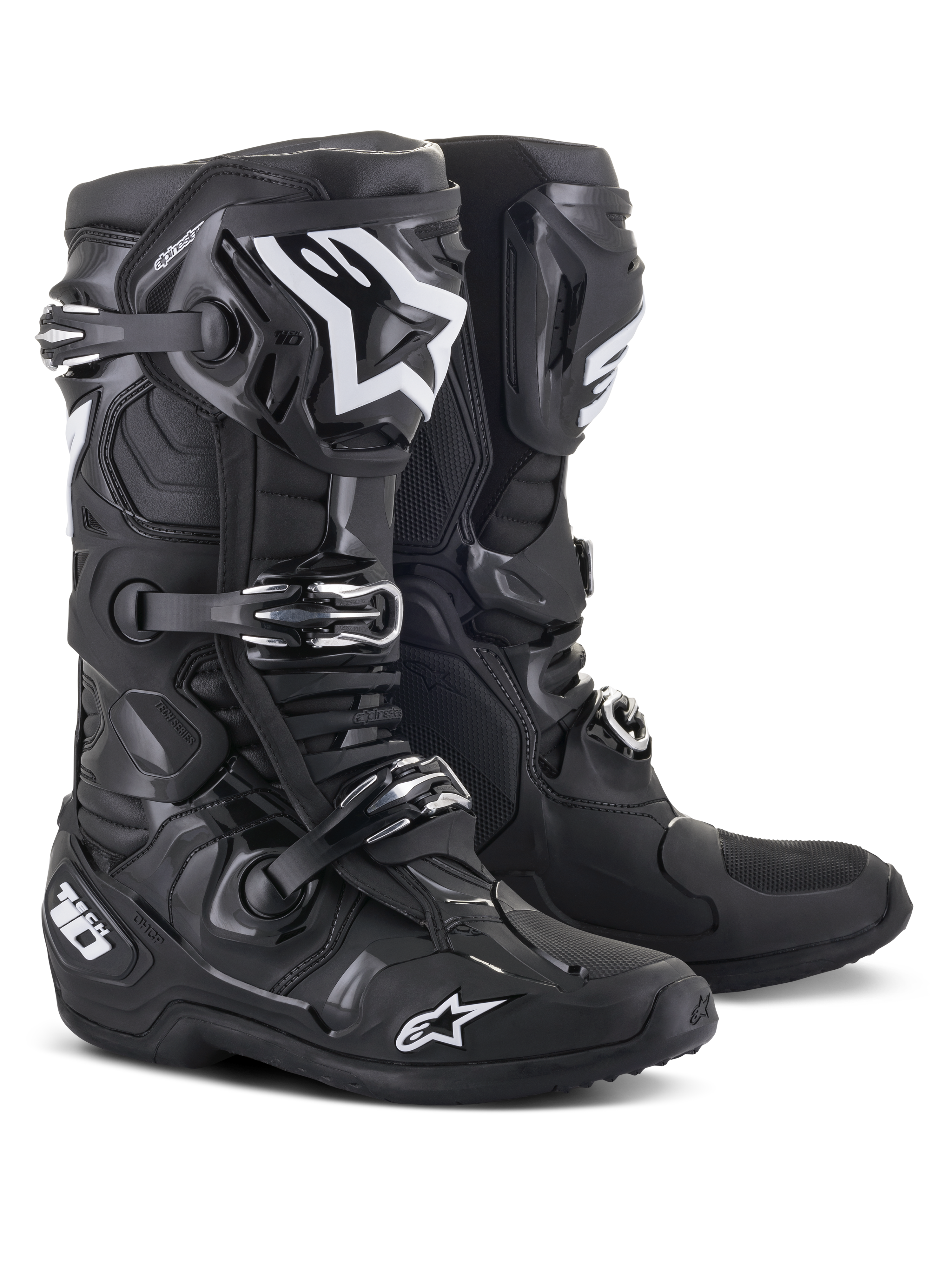 Alpinestars Tech 10 Boots, buty motocrossowe, czarne z białymi logo Alpinestars, potrójny system zamykania na klamry, wytrzymała skorupa TPU ze wzmocnioną ochroną kostki, smukły design do profesjonalnych wyścigów terenowych