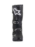 Alpinestars Tech 10 Boots, buty motocrossowe, czarne z dużym białym logo gwiazdy na goleniu, widok z przodu, srebrne klamry, zaawansowana konstrukcja skorupy TPU dla ochrony w terenie