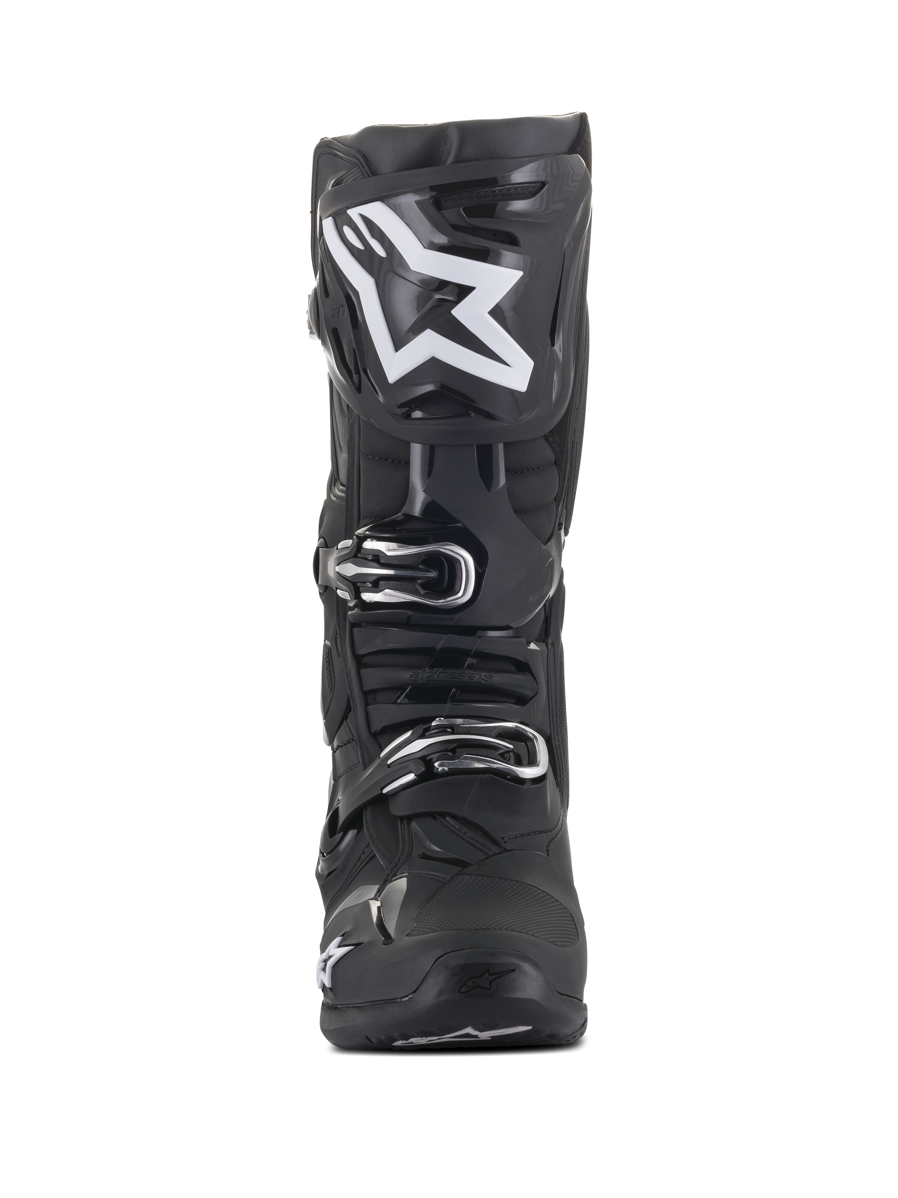 Alpinestars Tech 10 Boots, buty motocrossowe, czarne z dużym białym logo gwiazdy na goleniu, widok z przodu, srebrne klamry, zaawansowana konstrukcja skorupy TPU dla ochrony w terenie