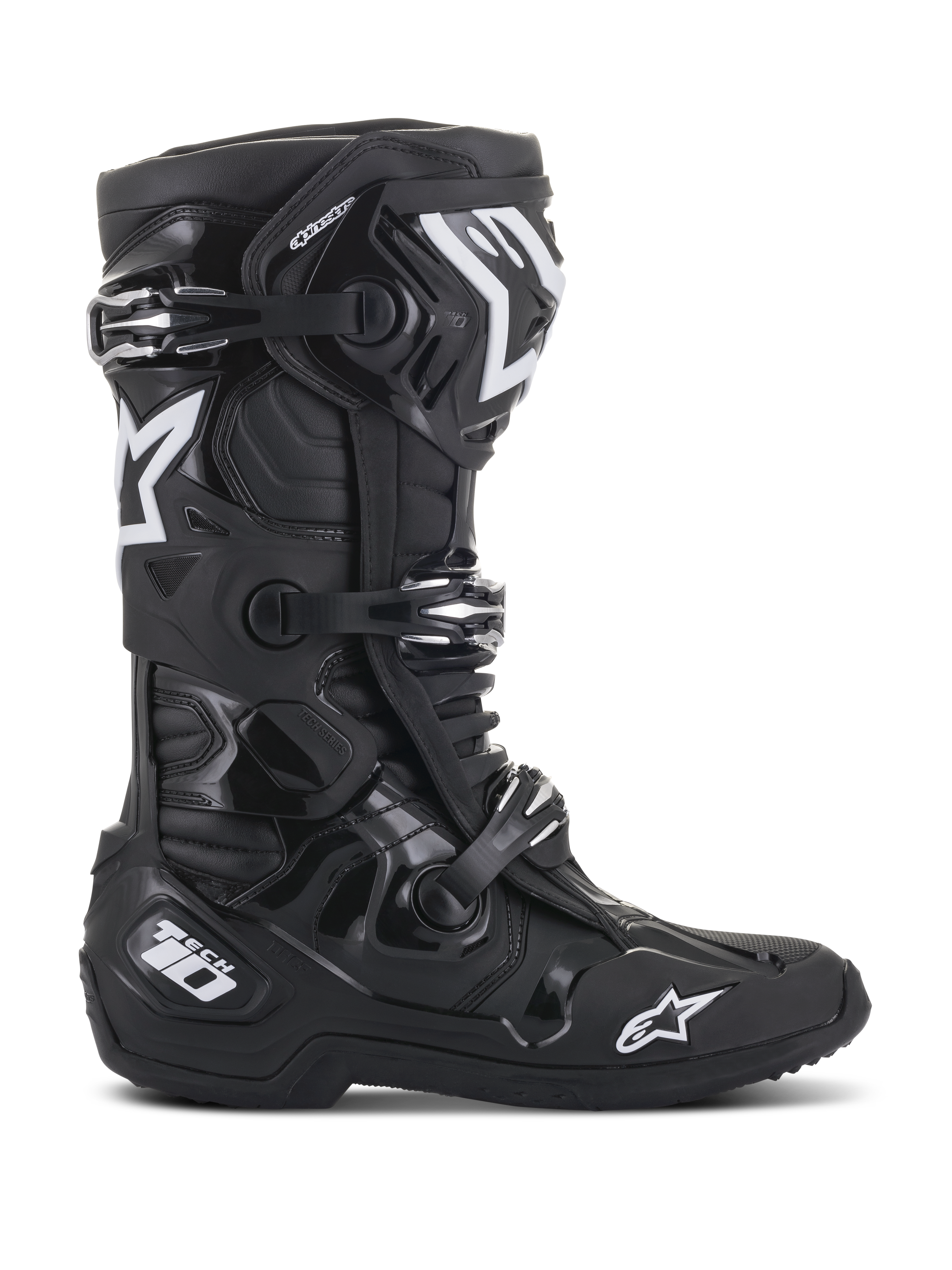 Buty Alpinestars Tech 10, buty motocrossowe, czarne, widok z profilu z białymi logotypami gwiazdy Alpinestars i oznaczeniem Tech 10, potrójny system klamer, wytrzymała skorupa TPU i konstrukcja z mikrofibry do profesjonalnych wyścigów terenowych