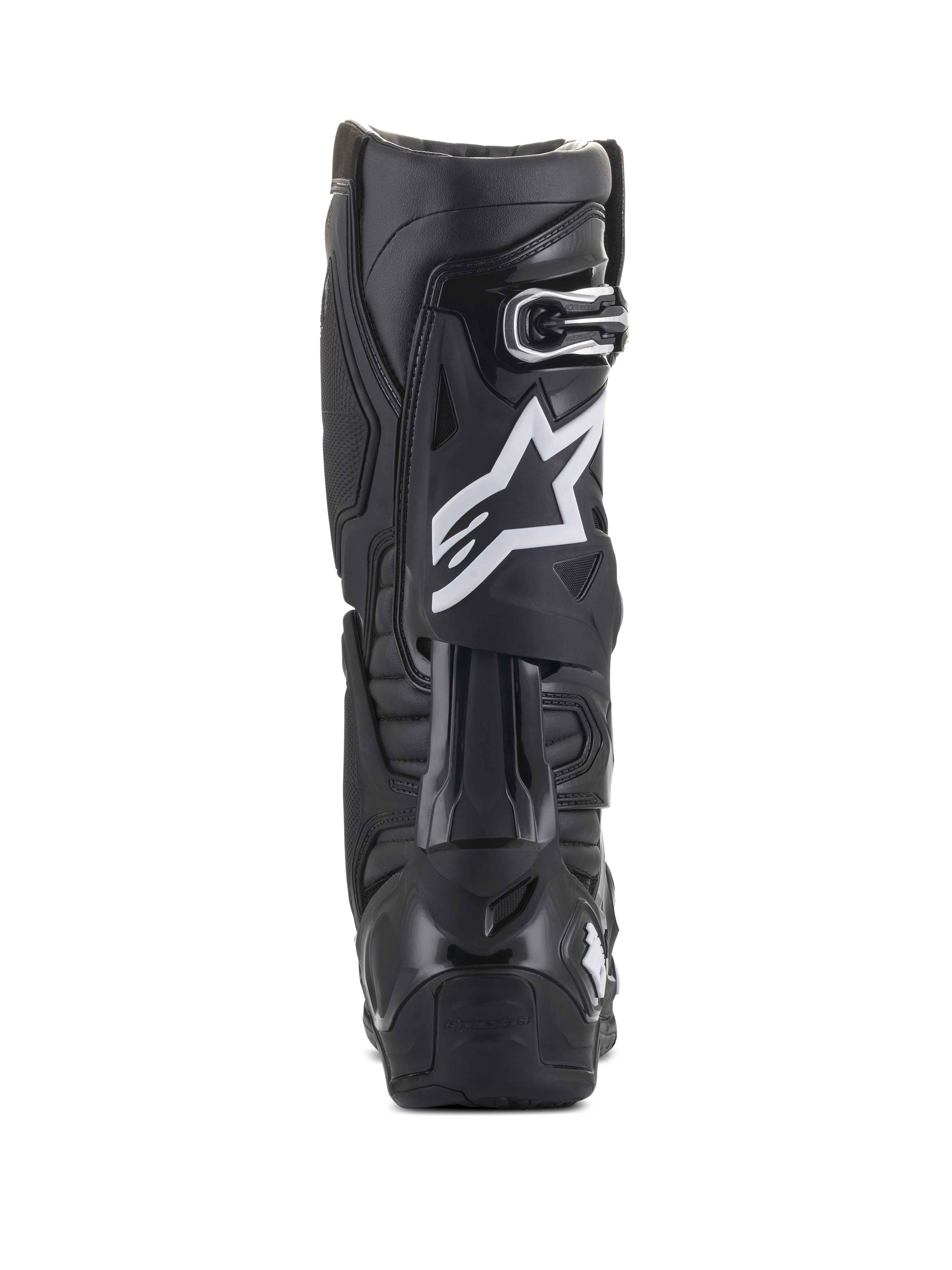 Buty Alpinestars Tech 10, czarne, widok z tyłu z białym logo gwiazdy na łydce, wytrzymała skorupa TPU i konstrukcja z mikrofibry, przeznaczone do wyczynowego motocrossu i jazdy terenowej