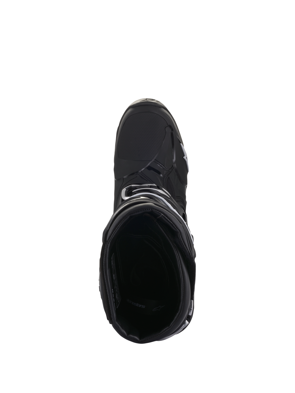 Buty Alpinestars Tech 10, buty motocrossowe, czarne, widok z góry ukazujący wewnętrzną wyściółkę i opływową skorupę zewnętrzną, wysokowydajna konstrukcja do wyścigów terenowych