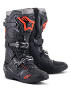 Alpinestars Tech 10 Boots, Motocross Boots, Black and Fluorescent Red, featuring a triple buckle closure system, technical TPU shell, and bold orange logos, professional-grade protective footwear for off-road racing.