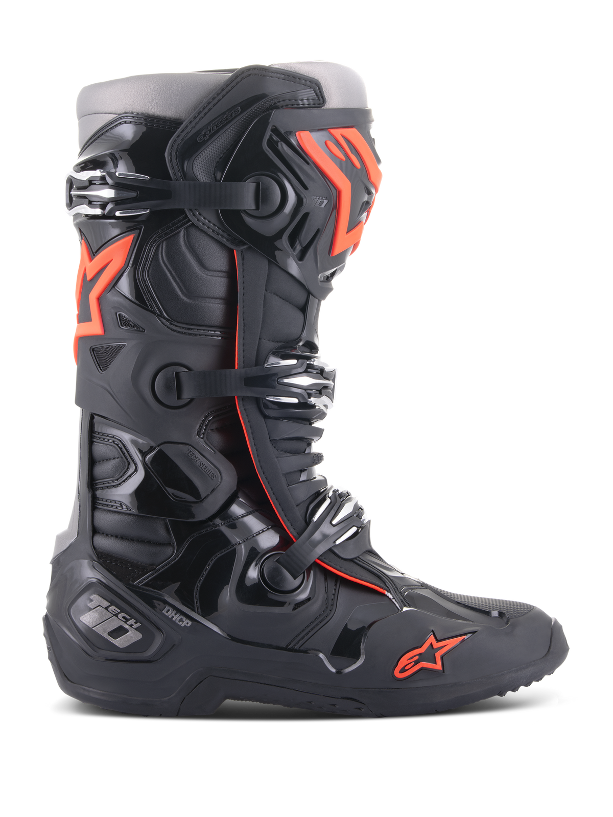 Alpinestars Tech 10 Boots, Motocross Off-Road Racing Boots, Black and Red Fluo, featuring a triple-buckle closure system, contoured TPU protective shell, red star logo on the toe, and high-performance construction for professional MX riding