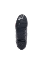 Alpinestars Tech 10 Boots, buty motocrossowe, czarne, widok podeszwy od spodu z teksturowanym wzorem bieżnika, białe logo gwiazdy na czubku i wymienna środkowa wkładka podeszwy dla wydajności off-road.