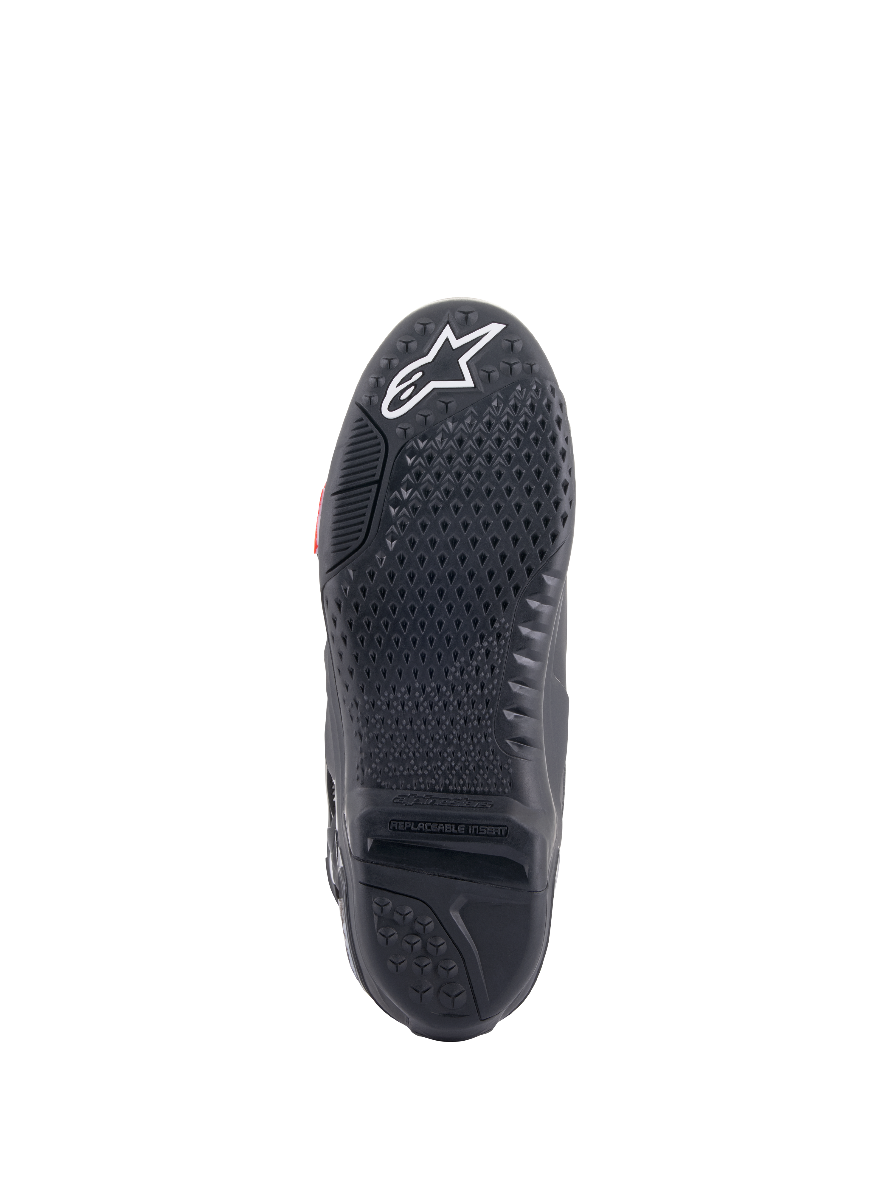 Alpinestars Tech 10 Boots, buty motocrossowe, czarne, widok podeszwy od spodu z teksturowanym wzorem bieżnika, białe logo gwiazdy na czubku i wymienna środkowa wkładka podeszwy dla wydajności off-road.