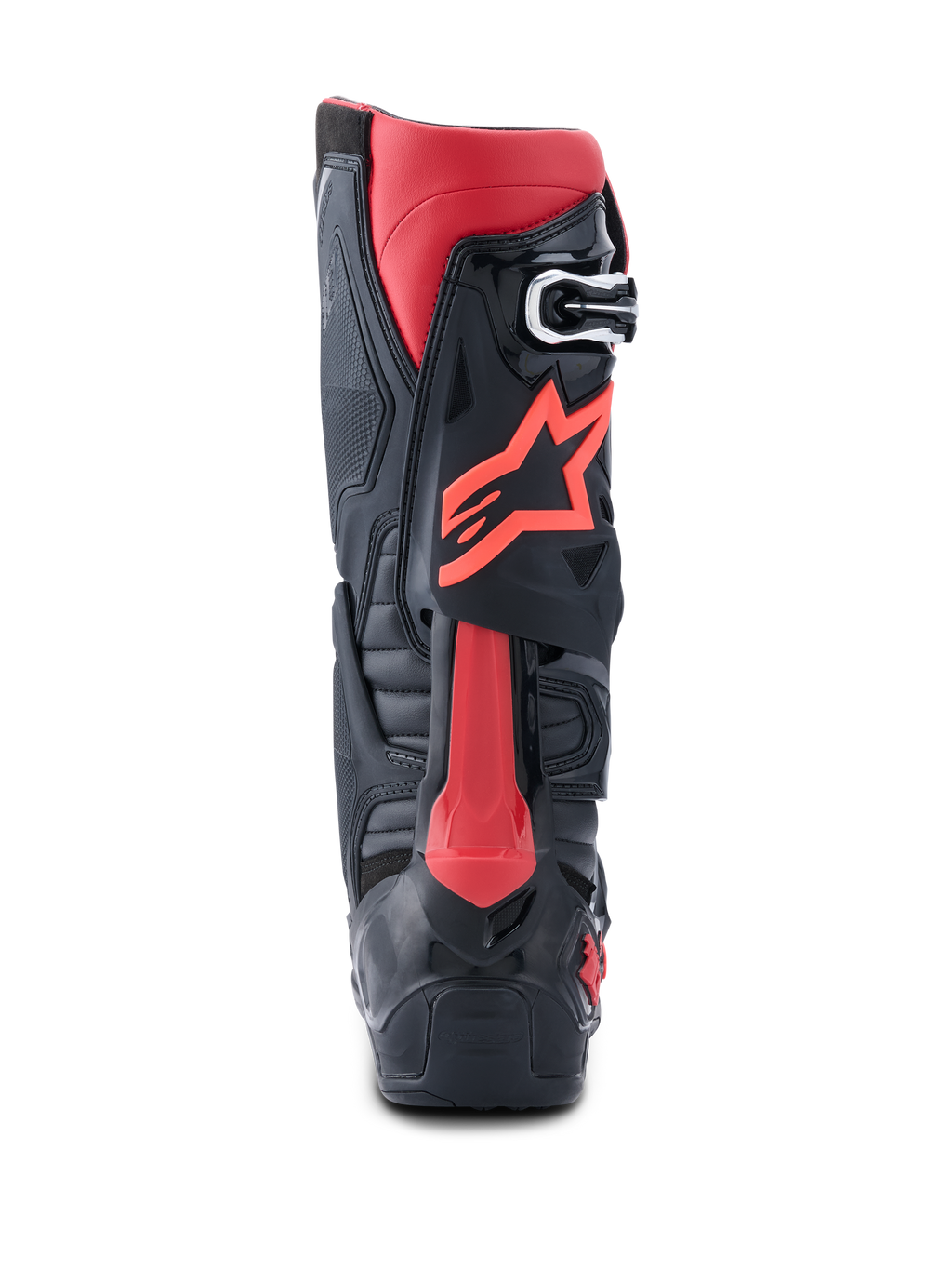 Buty Alpinestars Tech 10, buty motocrossowe, czarno-czerwone, widok z tyłu z czerwonym logo Astars, systemem Dynamic Heel Compression Protector i wytrzymałą konstrukcją TPU do profesjonalnych wyścigów terenowych.