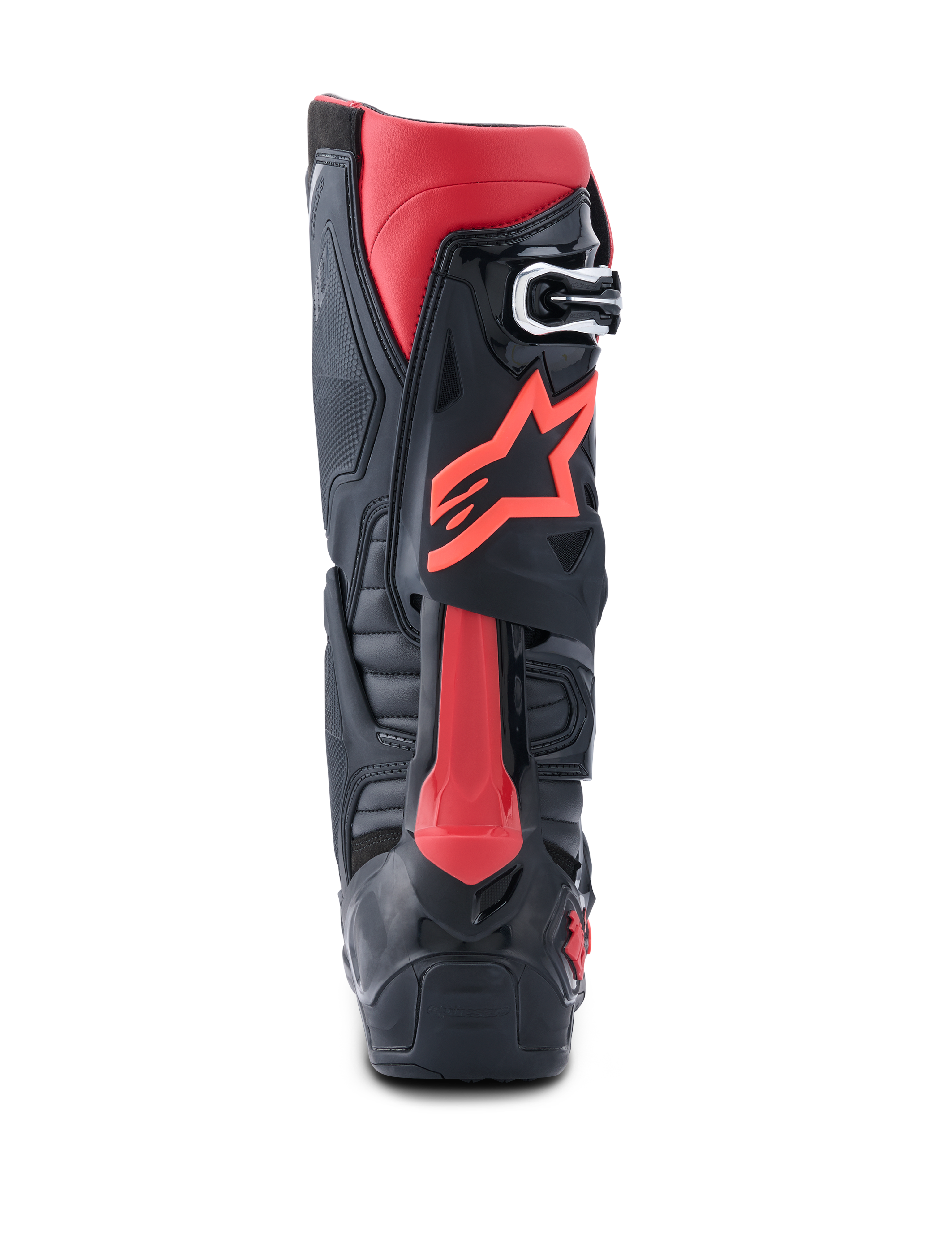 Buty Alpinestars Tech 10, buty motocrossowe, czarno-czerwone, widok z tyłu z czerwonym logo Astars, systemem Dynamic Heel Compression Protector i wytrzymałą konstrukcją TPU do profesjonalnych wyścigów terenowych.