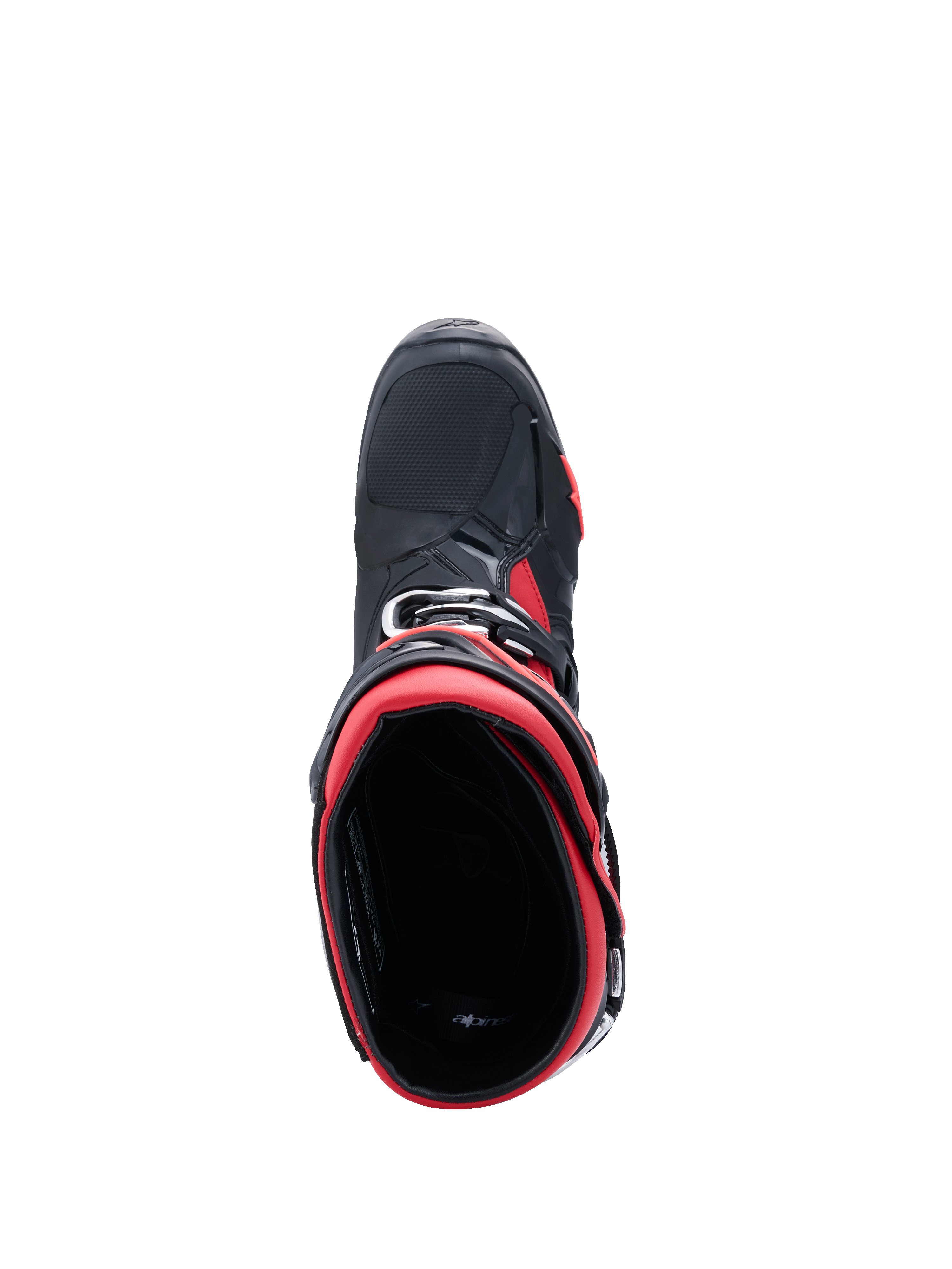 Buty motocrossowe Alpinestars Tech 10, czarno-czerwone, widok z góry do wnętrza buta, podkreślający czerwoną wyściółkę oraz czarną konstrukcję zewnętrzną z czerwonymi akcentami, smukły profesjonalny design sprzętu off-road