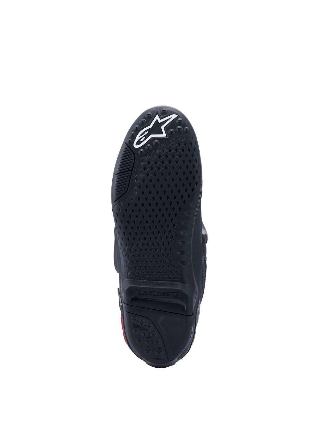 Buty Alpinestars Tech 10, widok podeszwy, czarne z białym logo, teksturowany wzór przyczepności, wymienna wkładka centralna, profesjonalne obuwie motocrossowe