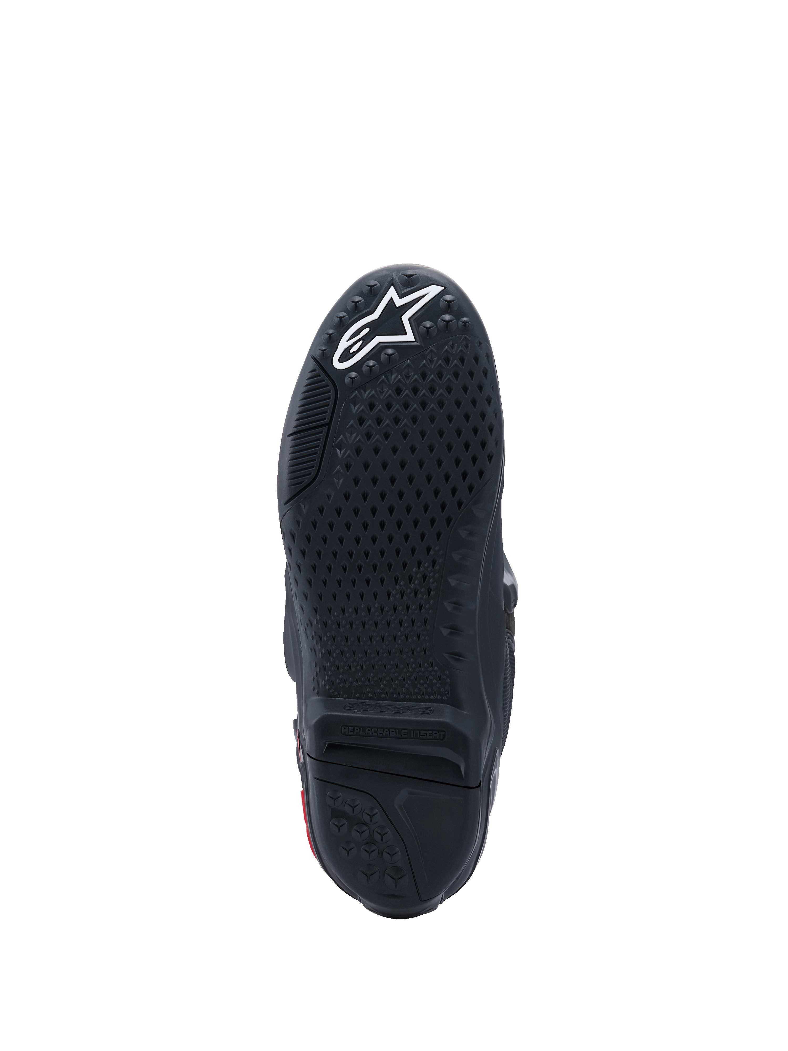 Buty Alpinestars Tech 10, widok podeszwy, czarne z białym logo, teksturowany wzór przyczepności, wymienna wkładka centralna, profesjonalne obuwie motocrossowe