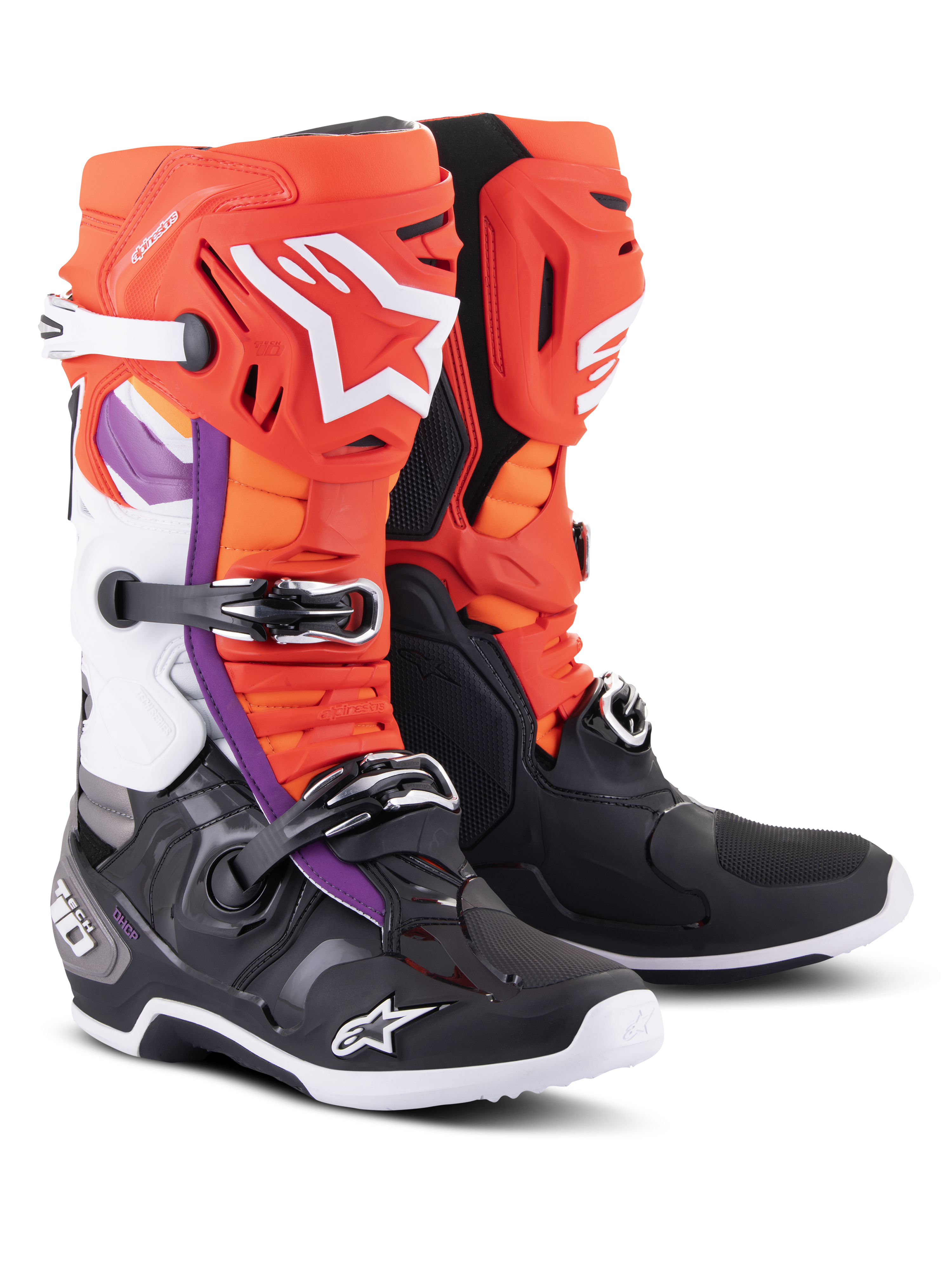 Alpinestars Tech 10 Boots, Motocross Boots, Black and Fluo Orange with Red and Purple accents, featuring a triple buckle closure system, white Alpinestars logos on the shin and toe, and a durable TPU shell for off-road racing performance