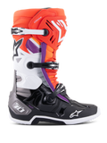 Alpinestars Tech 10 Boots, Motocross Boots, Black, Fluo Orange, White and Purple accents, featuring a triple-buckle closure system, star logos on the shin and toe, and DHCP heel protection, profile view of off-road racing footwear.