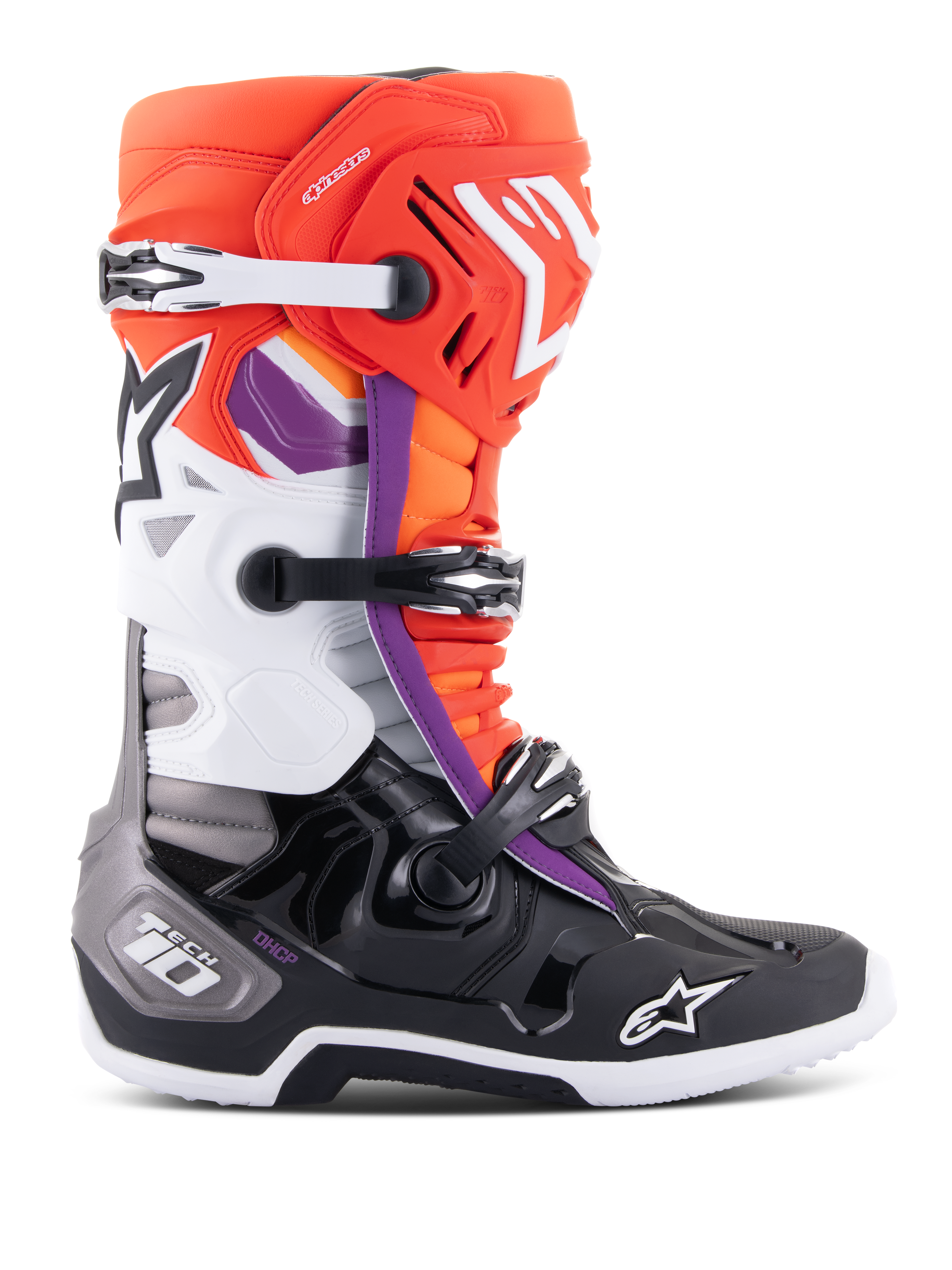 Alpinestars Tech 10 Boots, Motocross Boots, Black, Fluo Orange, White and Purple accents, featuring a triple-buckle closure system, star logos on the shin and toe, and DHCP heel protection, profile view of off-road racing footwear.