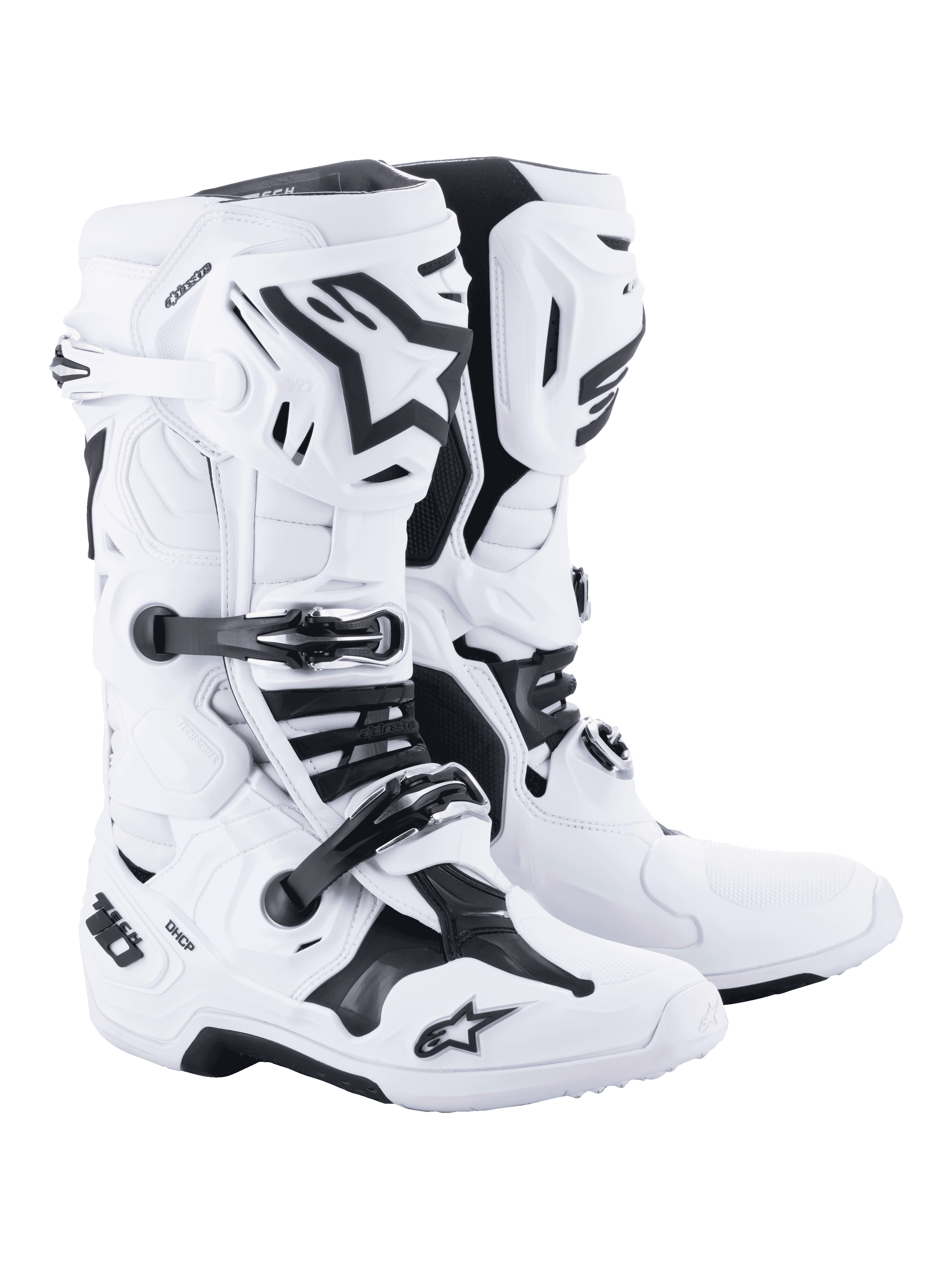 Buty motocrossowe Alpinestars Tech 10, białe z czarnymi akcentami, wytrzymała konstrukcja o wysokim kroju z potrójnym systemem klamer, ochrona skorupy TPU i zaawansowana kontrola zgięcia, profesjonalne obuwie wyścigowe off-road