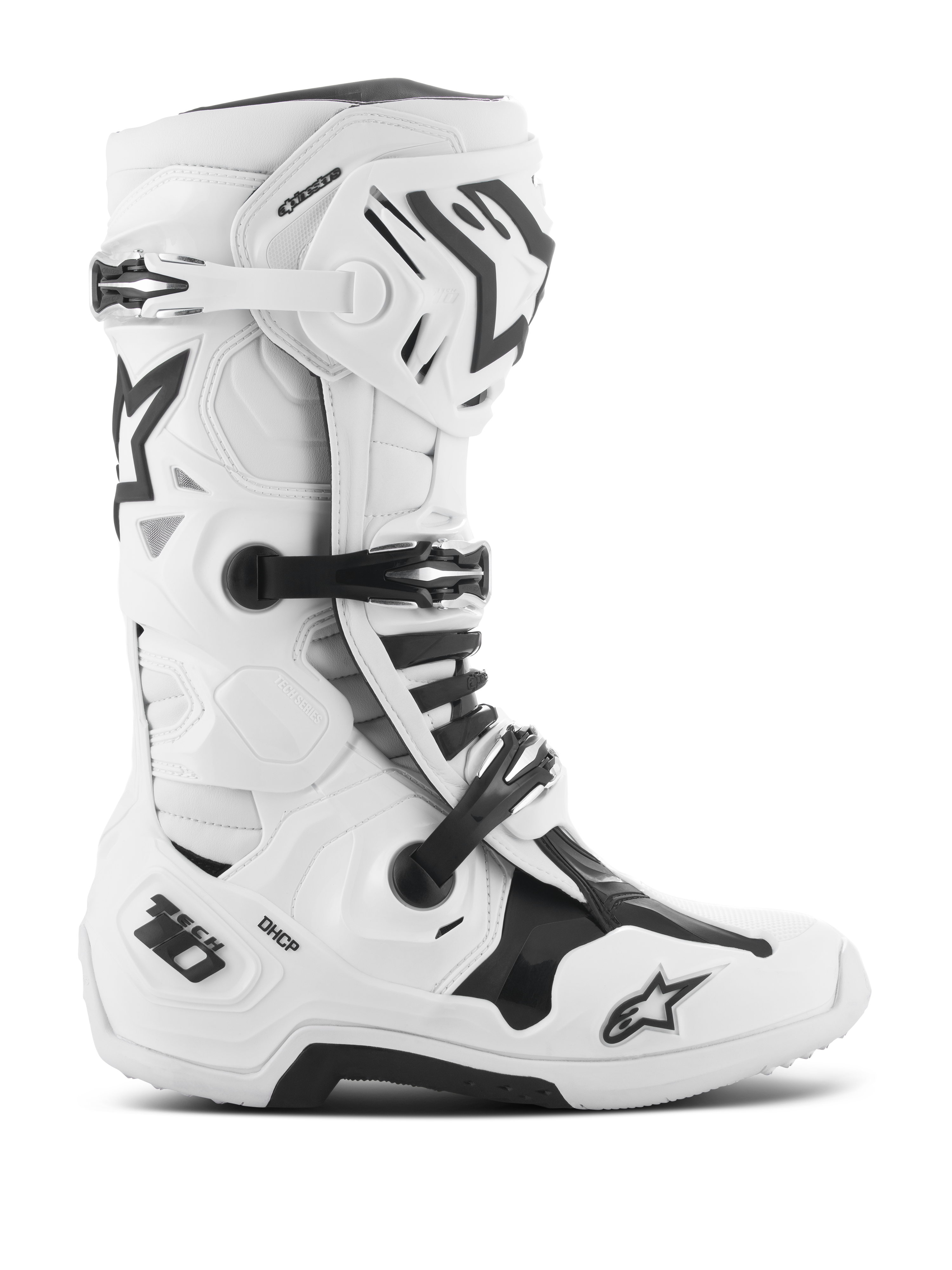 Buty Alpinestars Tech 10, buty do motocrossu, biało-czarne, potrójny system zamykania na klamry, wzmocniona skorupa TPU z logotypami „Tech 10” i „DHCP”, gruba, wytrzymała podeszwa, obuwie ochronne z certyfikatem CE do wyścigów terenowych