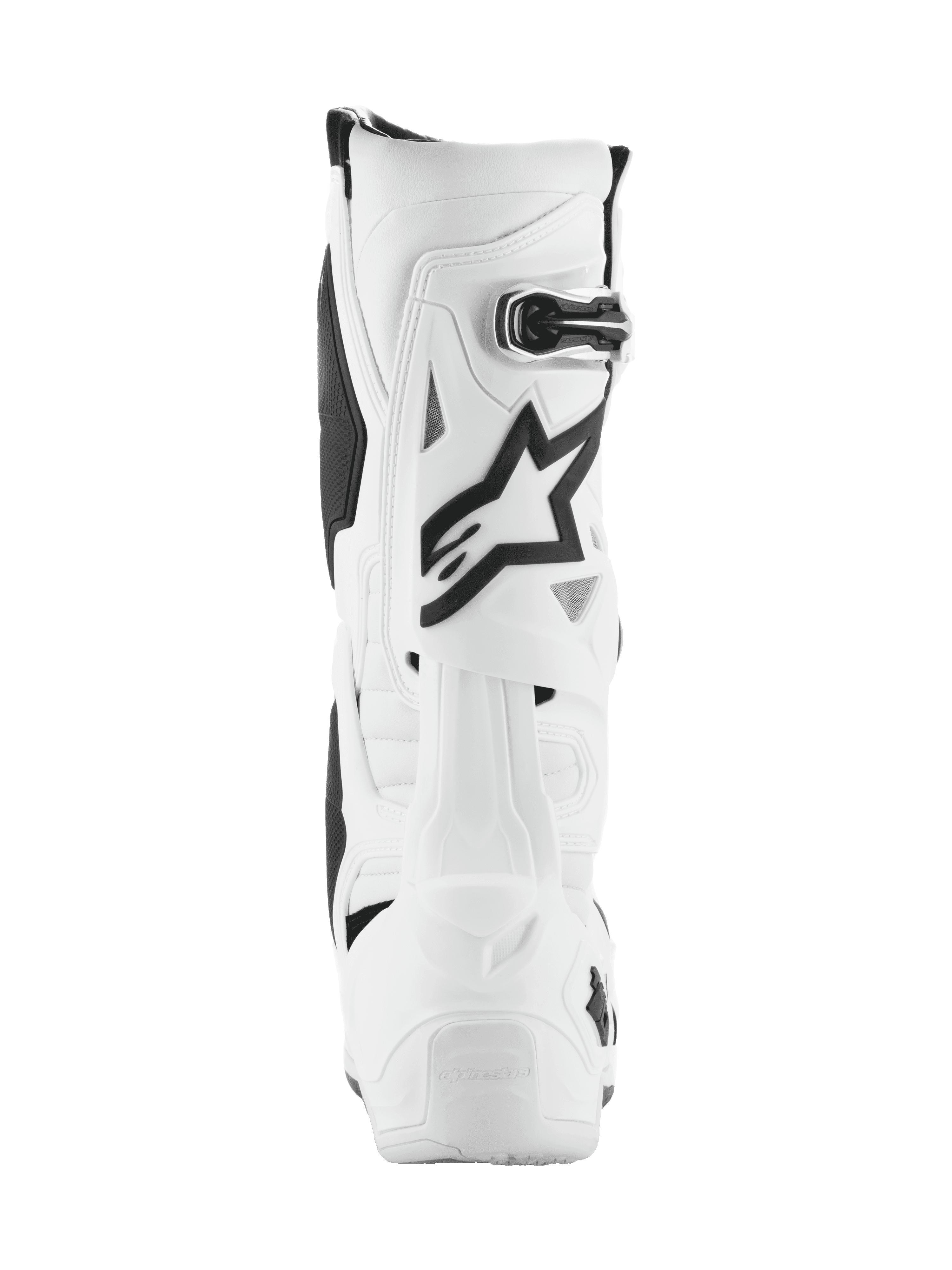 Buty Alpinestars Tech 10, buty motocrossowe, białe z czarnymi akcentami, widok z tyłu z czarnym logo Astar i zapięciem na klamrę, zaawansowana konstrukcja ochronna do wyścigów off-road