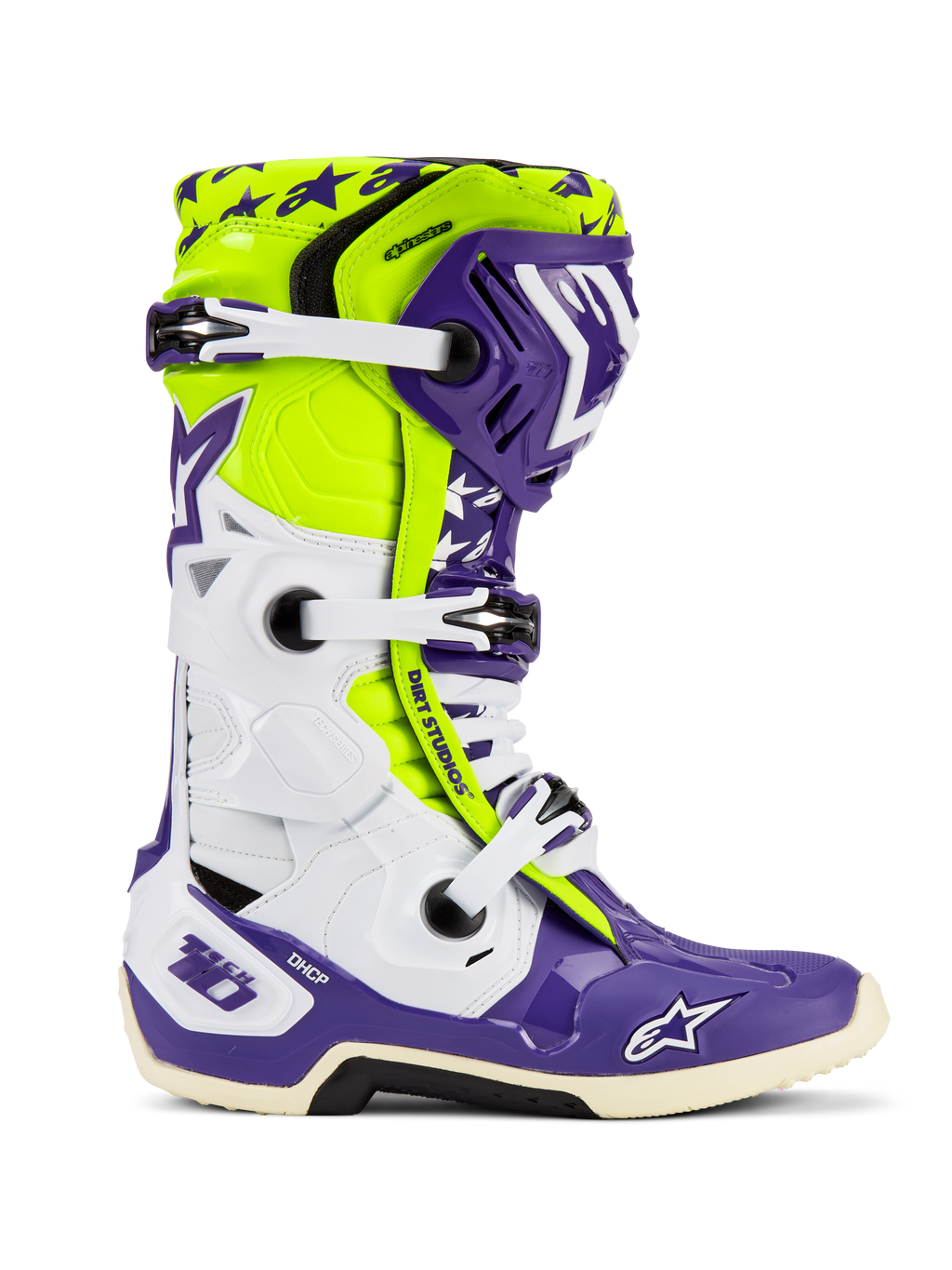 Buty Alpinestars Tech 10 Dirt Studios® LE, buty motocrossowe, fioletowo-białe i żółte fluo, widok z profilu z białymi regulowanymi klamrami, grafika z motywem gwiazd, ochronne komponenty TPU i wytrzymała podeszwa do jazdy off-road