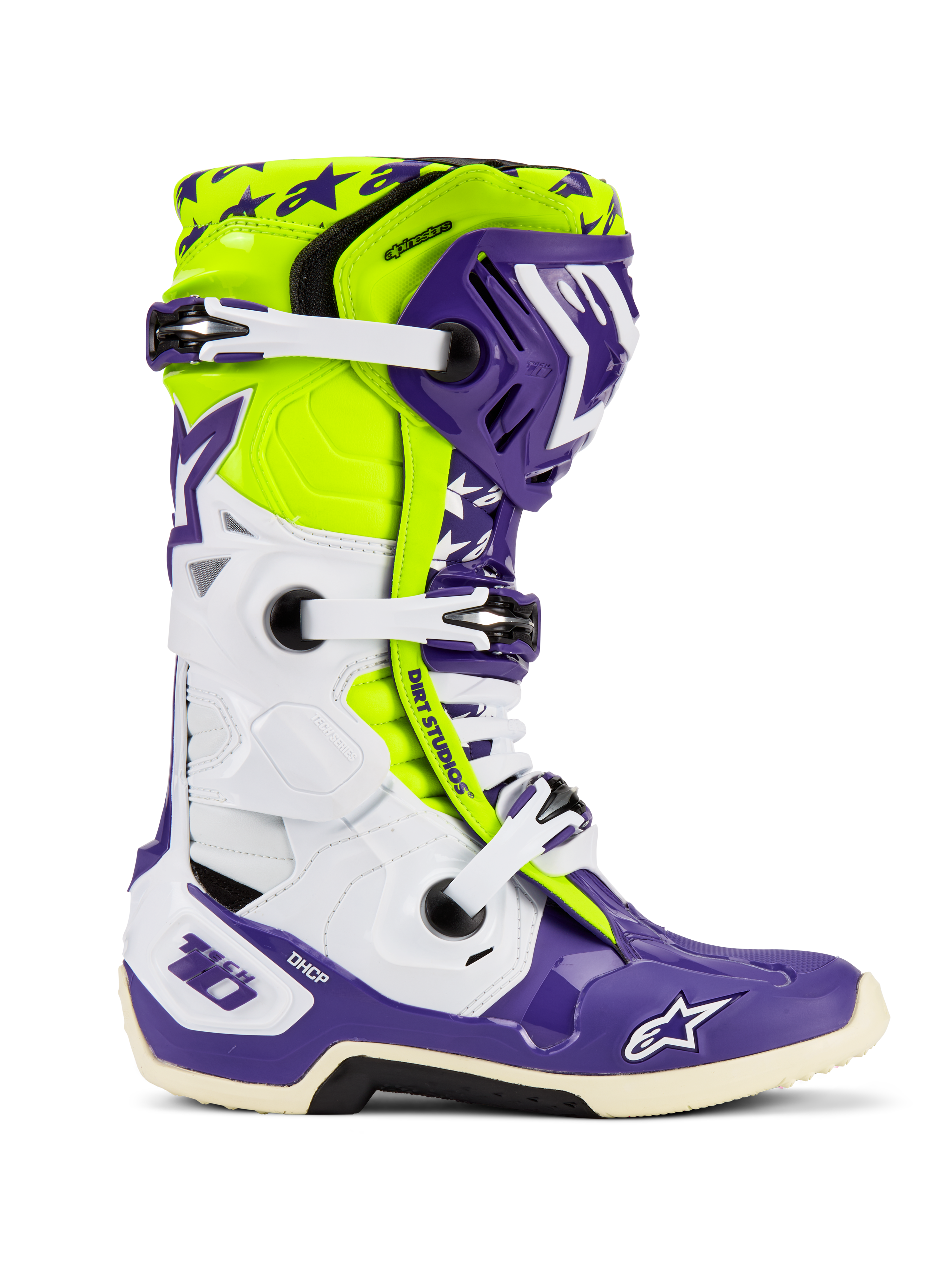 Buty Alpinestars Tech 10 Dirt Studios® LE, buty motocrossowe, fioletowo-białe i żółte fluo, widok z profilu z białymi regulowanymi klamrami, grafika z motywem gwiazd, ochronne komponenty TPU i wytrzymała podeszwa do jazdy off-road
