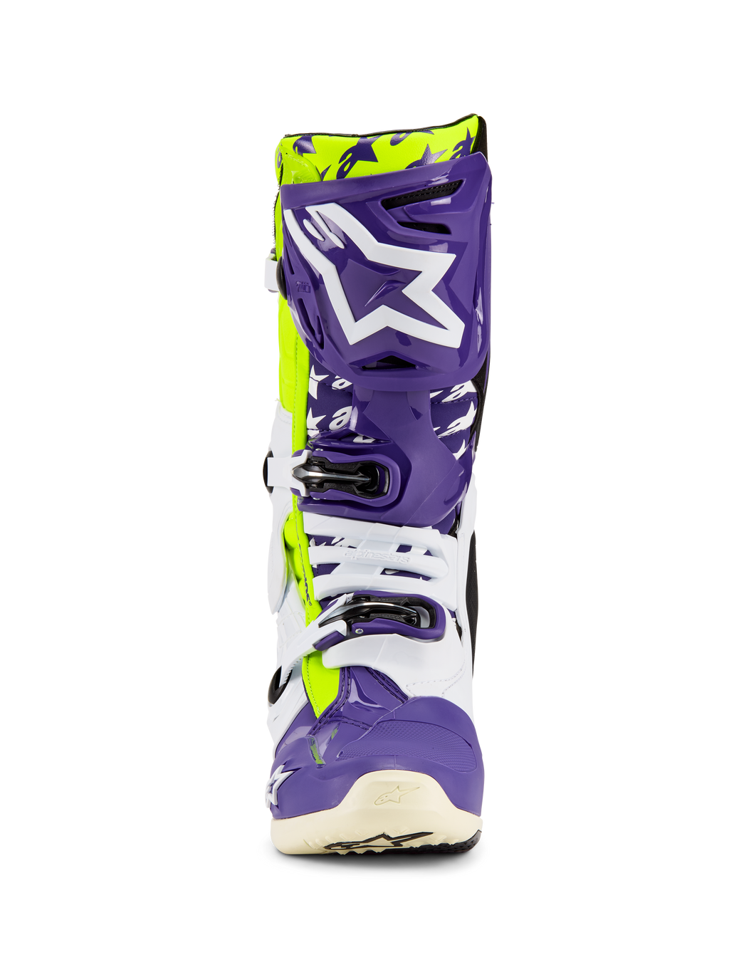 Alpinestars Tech 10 Dirt Studios® LE Boots, buty motocrossowe, fioletowe, białe i żółte fluo, widok z przodu z dużym białym logo na fioletowej płycie piszczelowej, system zapięcia na wiele klamer i wytrzymała skorupa ochronna do wyścigów off-road
