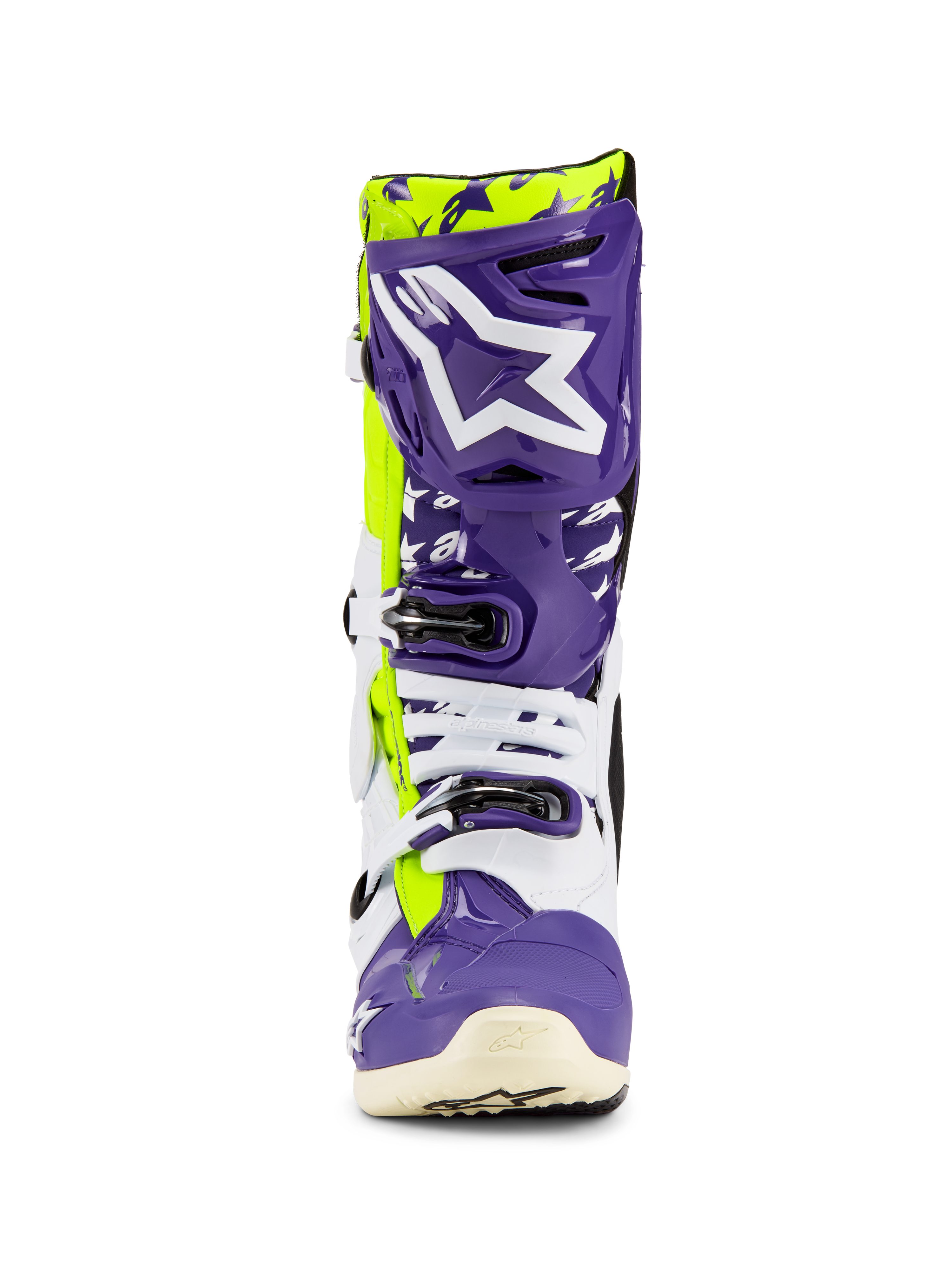 Alpinestars Tech 10 Dirt Studios® LE Boots, buty motocrossowe, fioletowe, białe i żółte fluo, widok z przodu z dużym białym logo na fioletowej płycie piszczelowej, system zapięcia na wiele klamer i wytrzymała skorupa ochronna do wyścigów off-road