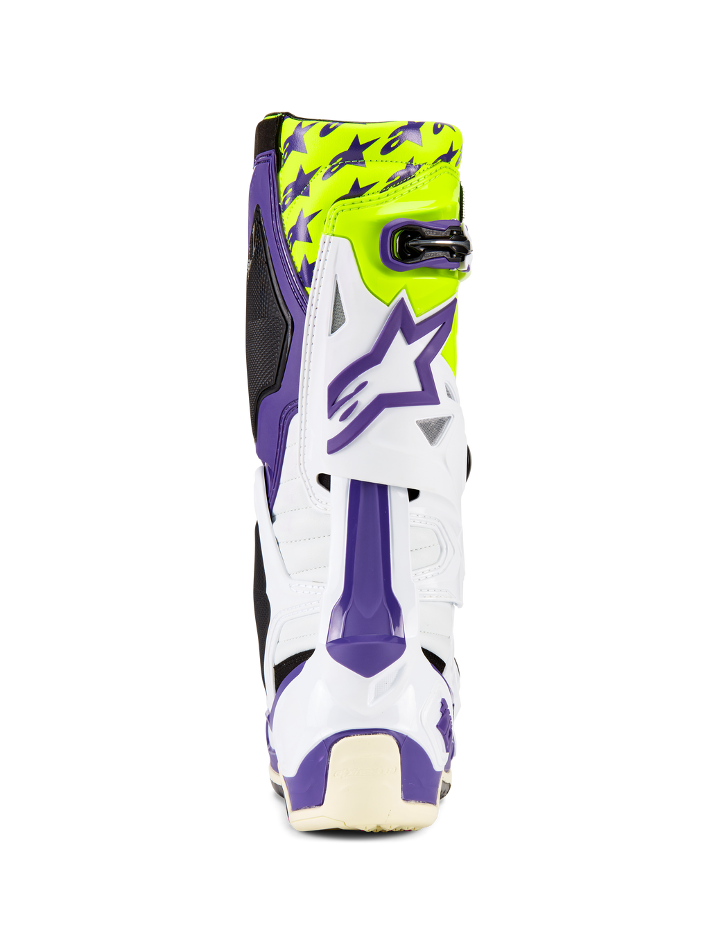 Buty Alpinestars Tech 10 Dirt Studios® LE, buty motocrossowe, białe, fioletowe i ŷółte neonowe, widok od tyłu, fioletowa grafika gwiazd na fluorescencyjnym ŷółtym tle, biała skorupa TPU z fioletowymi akcentami, profesjonalne obuwie ochronne off-road