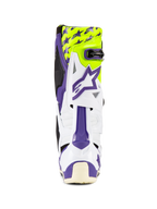 Buty Alpinestars Tech 10 Dirt Studios® LE, buty motocrossowe, białe, fioletowe i ŷółte neonowe, widok od tyłu, fioletowa grafika gwiazd na fluorescencyjnym ŷółtym tle, biała skorupa TPU z fioletowymi akcentami, profesjonalne obuwie ochronne off-road