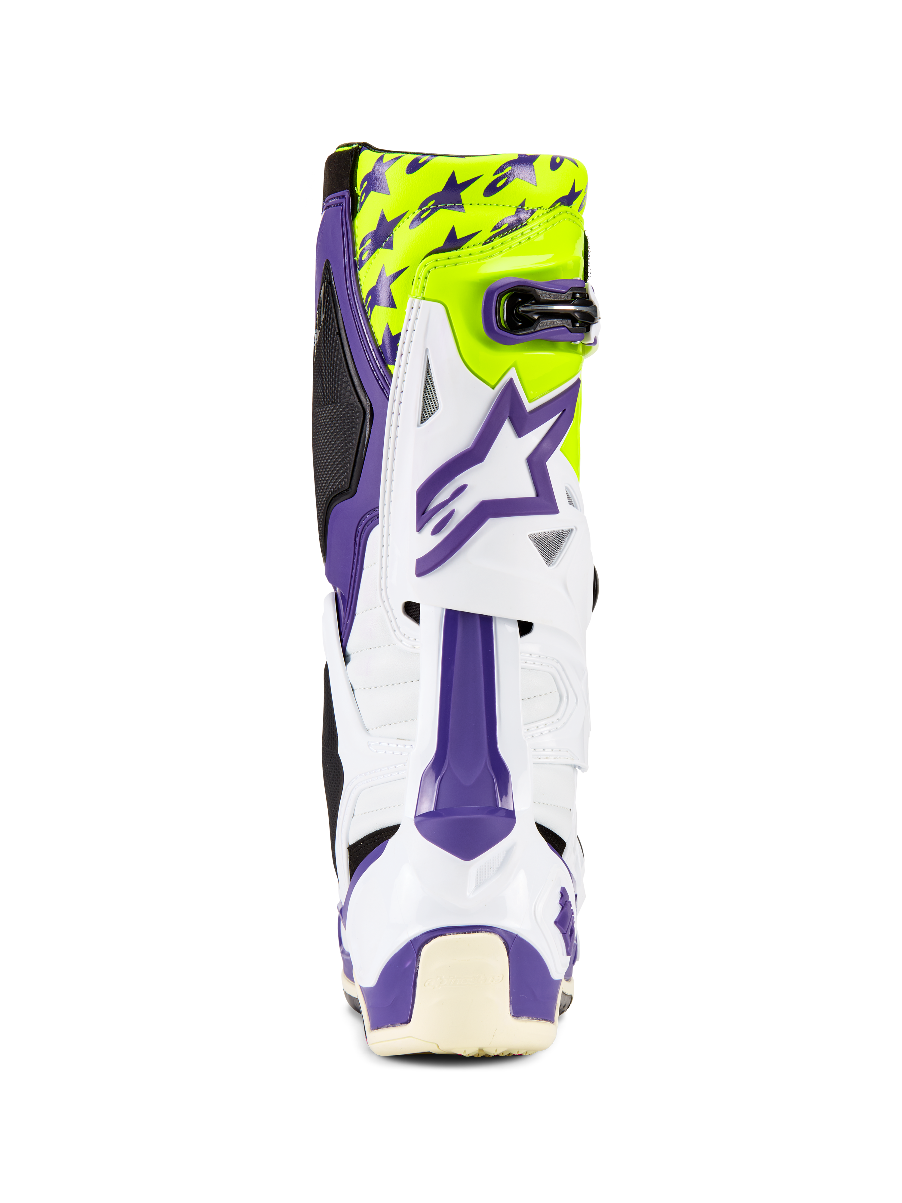 Buty Alpinestars Tech 10 Dirt Studios® LE, buty motocrossowe, białe, fioletowe i ŷółte neonowe, widok od tyłu, fioletowa grafika gwiazd na fluorescencyjnym ŷółtym tle, biała skorupa TPU z fioletowymi akcentami, profesjonalne obuwie ochronne off-road