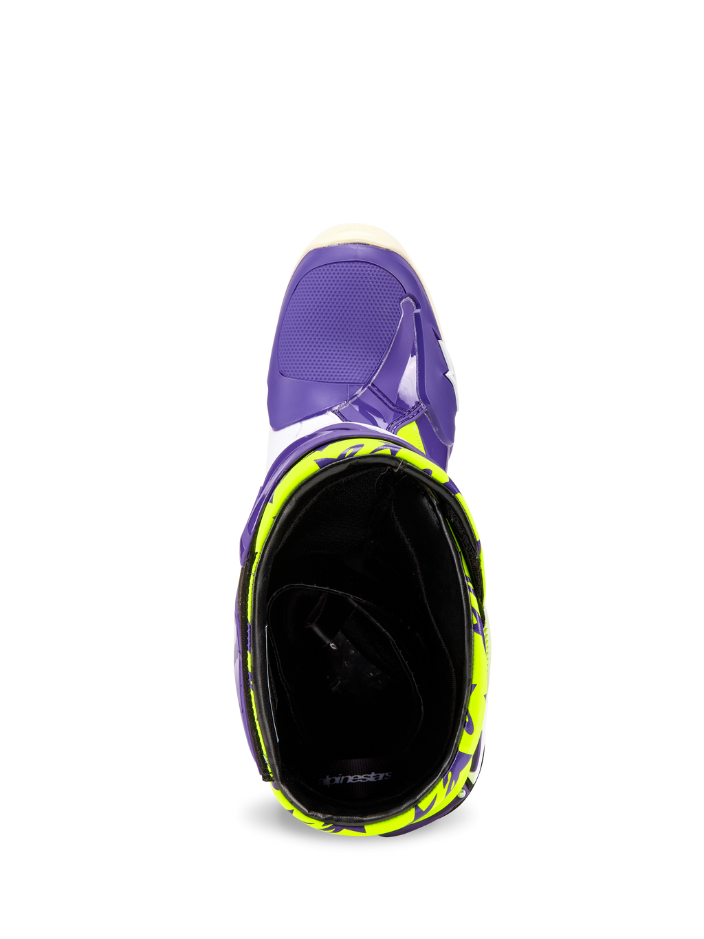 Alpinestars Tech 10 Dirt Studios® LE Boots, widok z góry na otwór cholewki, fioletowa skorupa z neonowożółtymi wzorami, czarna wyściółka, wysokiej klasy obuwie motocrossowe