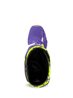 Alpinestars Tech 10 Dirt Studios® LE Boots, widok z góry na otwór cholewki, fioletowa skorupa z neonowożółtymi wzorami, czarna wyściółka, wysokiej klasy obuwie motocrossowe