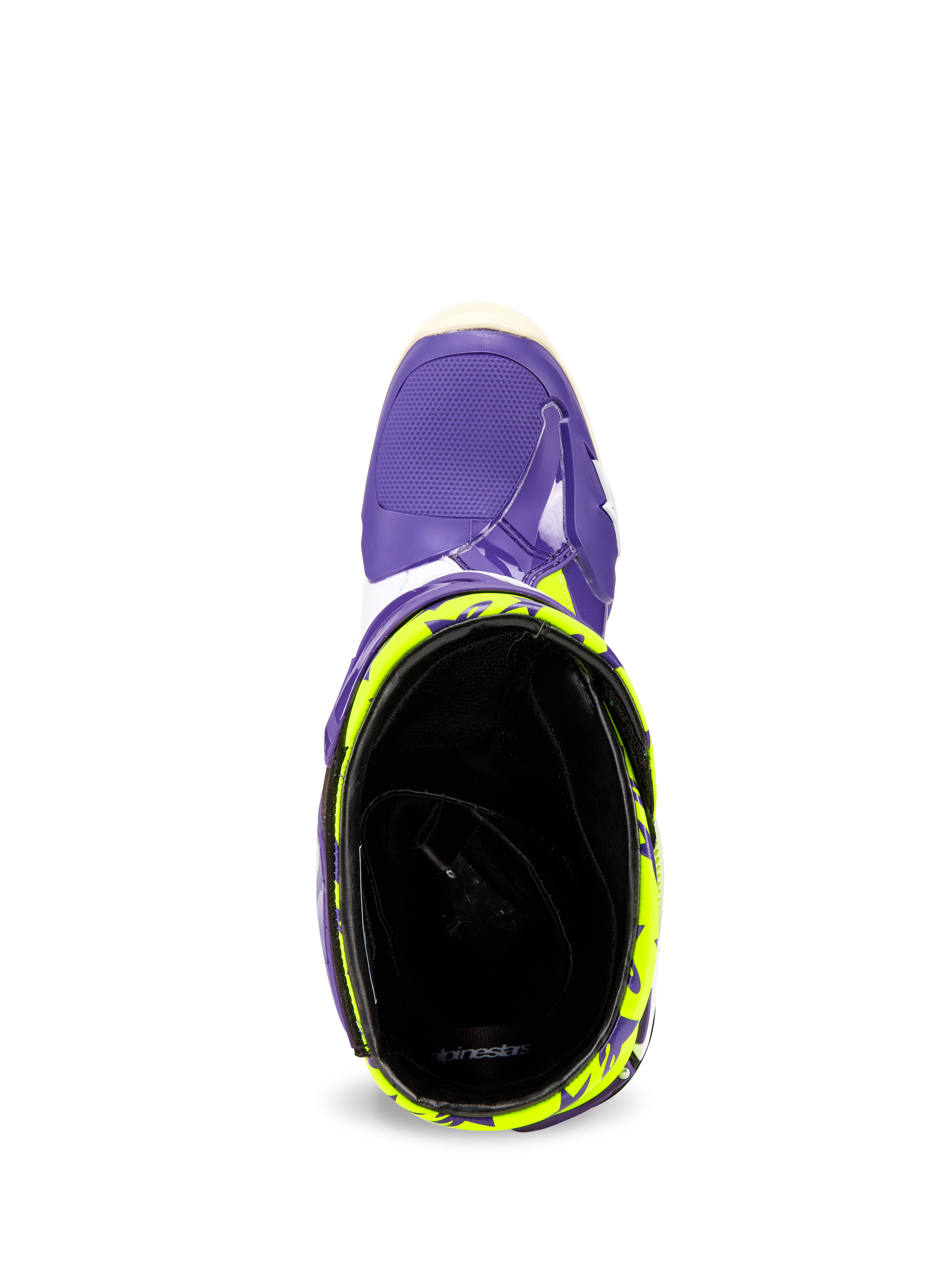 Alpinestars Tech 10 Dirt Studios® LE Boots, widok z góry na otwór cholewki, fioletowa skorupa z neonowożółtymi wzorami, czarna wyściółka, wysokiej klasy obuwie motocrossowe