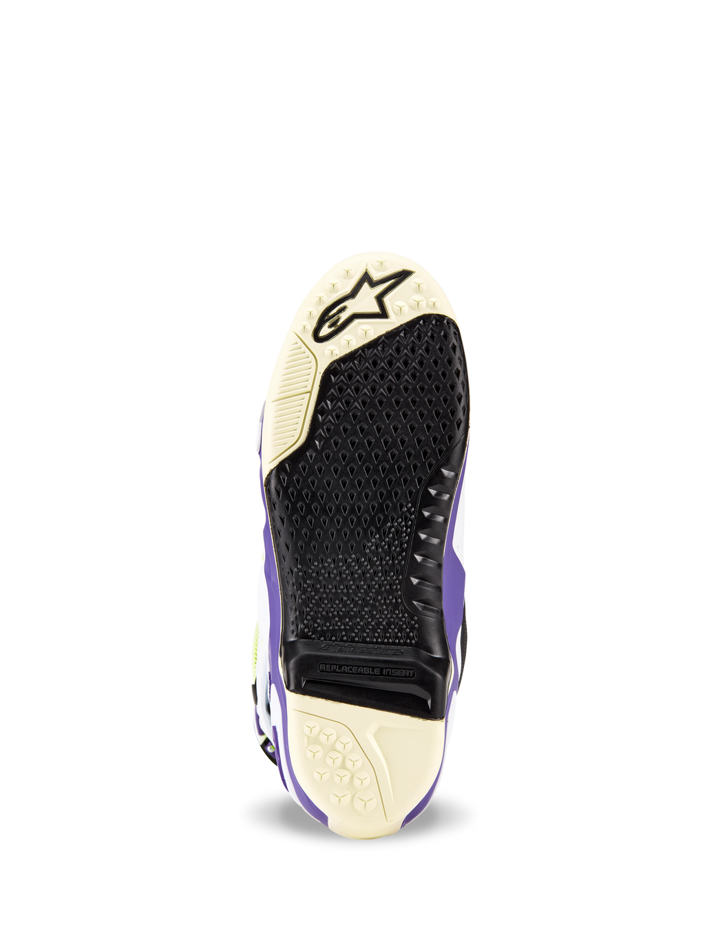 Buty Alpinestars Tech 10 Dirt Studios® LE, widok podeszwy, biało-fioletowo-czarne, teksturowany wzór bieżnika z wymienną wkładką środkową, logo Alpinestars na czubku, wytrzymała konstrukcja podeszwy motocrossowej