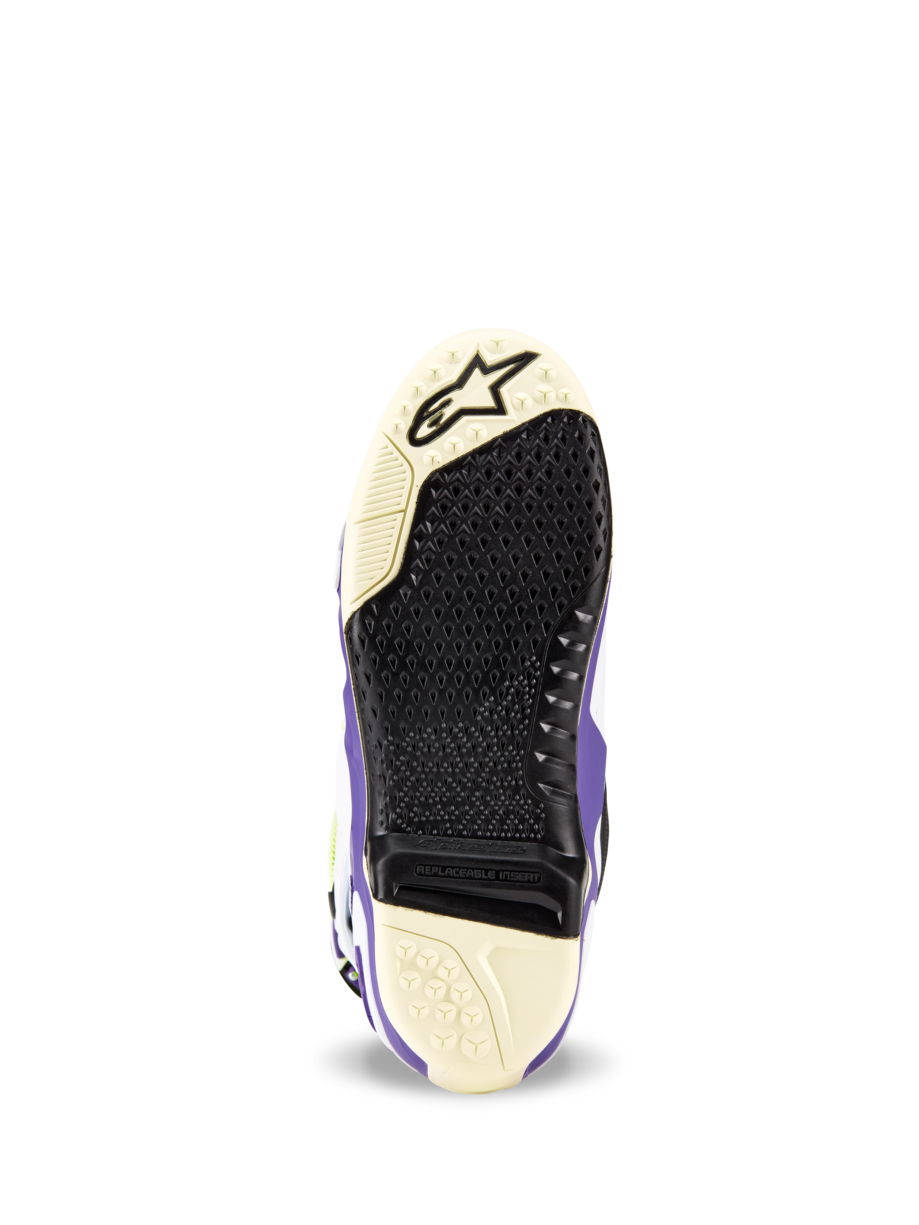 Buty Alpinestars Tech 10 Dirt Studios® LE, widok podeszwy, biało-fioletowo-czarne, teksturowany wzór bieżnika z wymienną wkładką środkową, logo Alpinestars na czubku, wytrzymała konstrukcja podeszwy motocrossowej