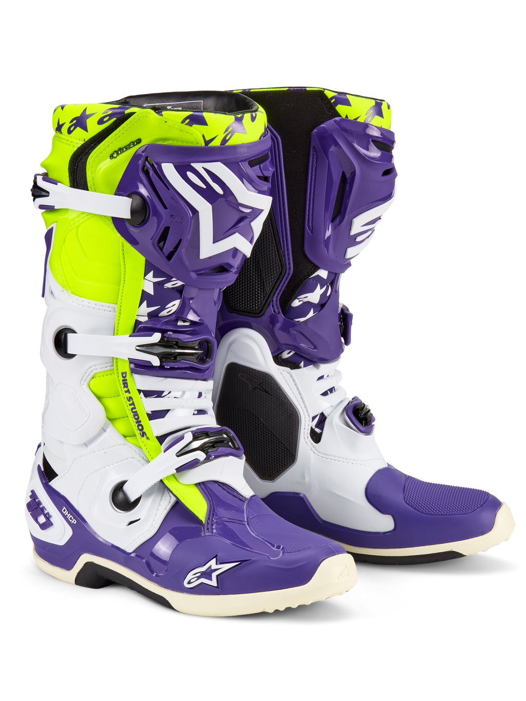 Alpinestars Tech 10 Dirt Studios LE Boots, buty motocrossowe, biało-fioletowe i żółte fluo, z białymi i fioletowymi osłonami ochronnymi oraz akcentami w kolorze żółtym fluo, brandingiem 'Dirt Studios' i białymi klamrami, limitowana edycja wysokowydajnego obuwia terenowego