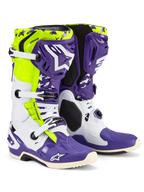 Alpinestars Tech 10 Dirt Studios LE Boots, buty motocrossowe, biało-fioletowe i żółte fluo, z białymi i fioletowymi osłonami ochronnymi oraz akcentami w kolorze żółtym fluo, brandingiem 'Dirt Studios' i białymi klamrami, limitowana edycja wysokowydajnego obuwia terenowego