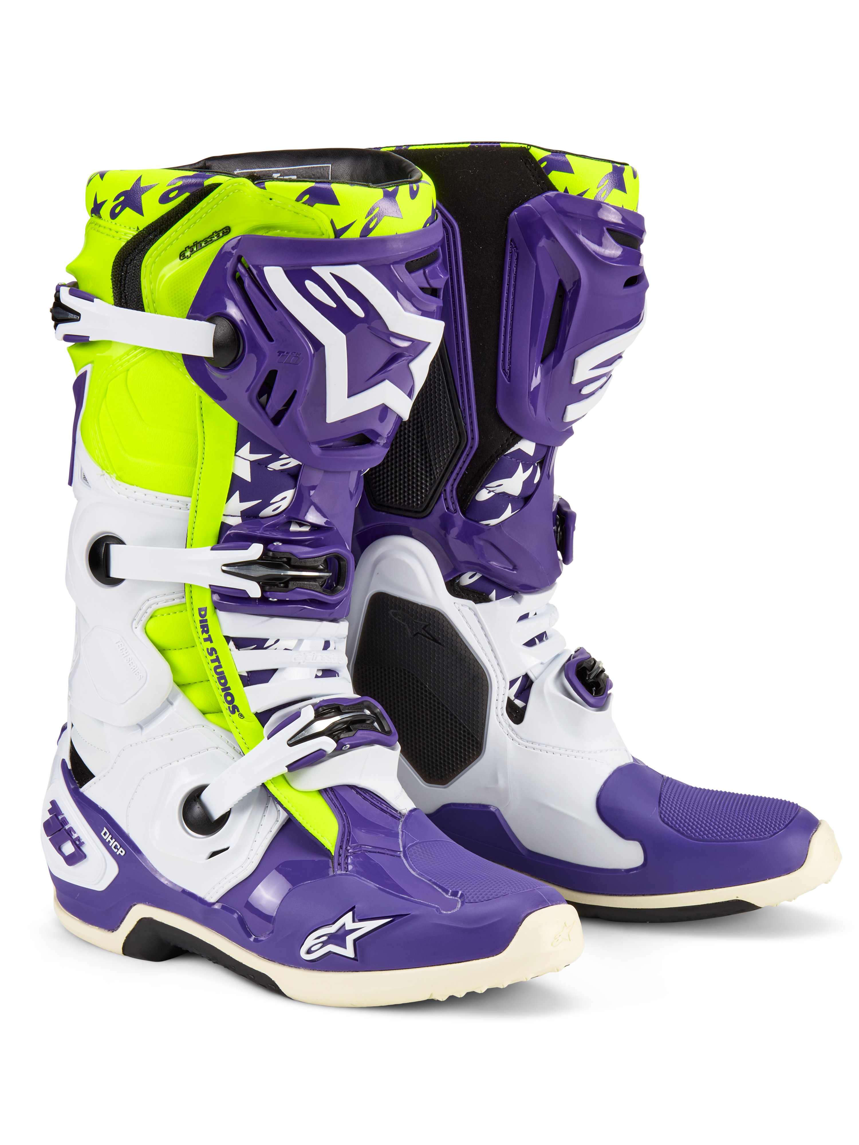 Alpinestars Tech 10 Dirt Studios LE Boots, buty motocrossowe, biało-fioletowe i żółte fluo, z białymi i fioletowymi osłonami ochronnymi oraz akcentami w kolorze żółtym fluo, brandingiem 'Dirt Studios' i białymi klamrami, limitowana edycja wysokowydajnego obuwia terenowego