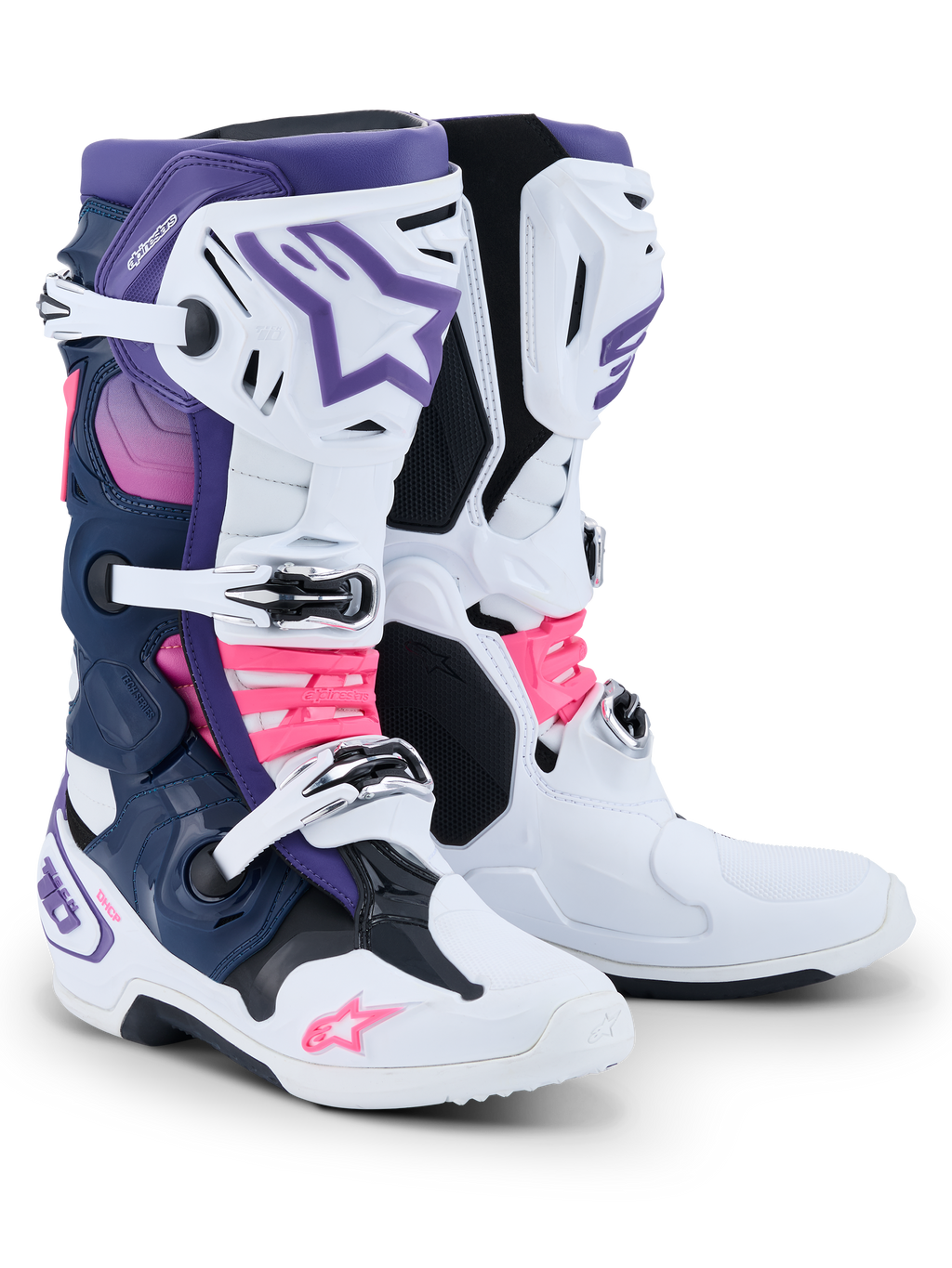 Buty Alpinestars Tech 10, buty motocrossowe, białe, fioletowe, granatowe i różowe fluo, wyposażone w system trzech klamer, granatowe i fioletowe panele oraz jaskraworóżowe akcenty na paskach i logo, profesjonalne obuwie do wyścigów terenowych.